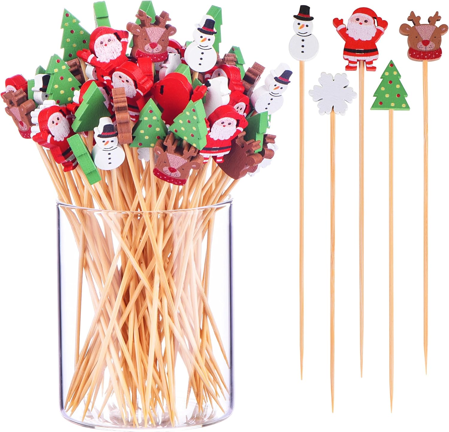 100 Pack Christmas Toothpicks for Appetizers, 4.7 Inch Natural Bamboo Cocktail Picks for Cake Dessert Food Fruit Christmas Party Decorations - Image 1