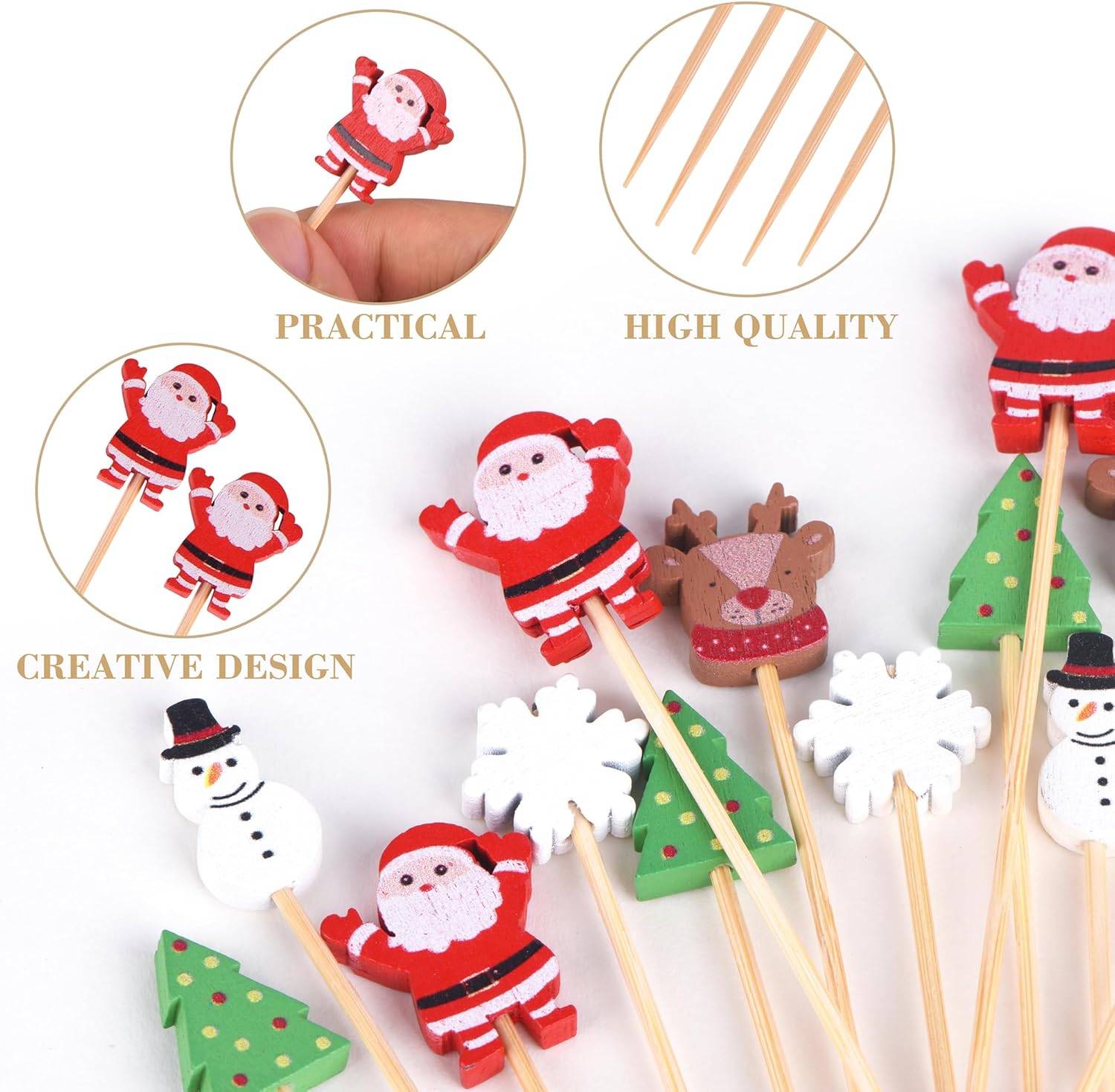100 Pack Christmas Toothpicks for Appetizers, 4.7 Inch Natural Bamboo Cocktail Picks for Cake Dessert Food Fruit Christmas Party Decorations - Image 3