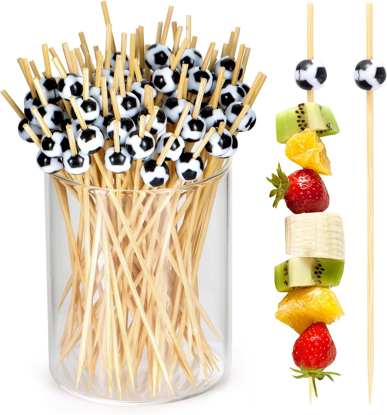 100 Pcs Soccer Toothpicks for Appetizers, 4.7 Inch Football Cocktail Picks for Party Decoration, Bamboo Appetizer Skewers for Charcuterie Sandwich Burgers Fruit Drinks Party (Black) - Image 1