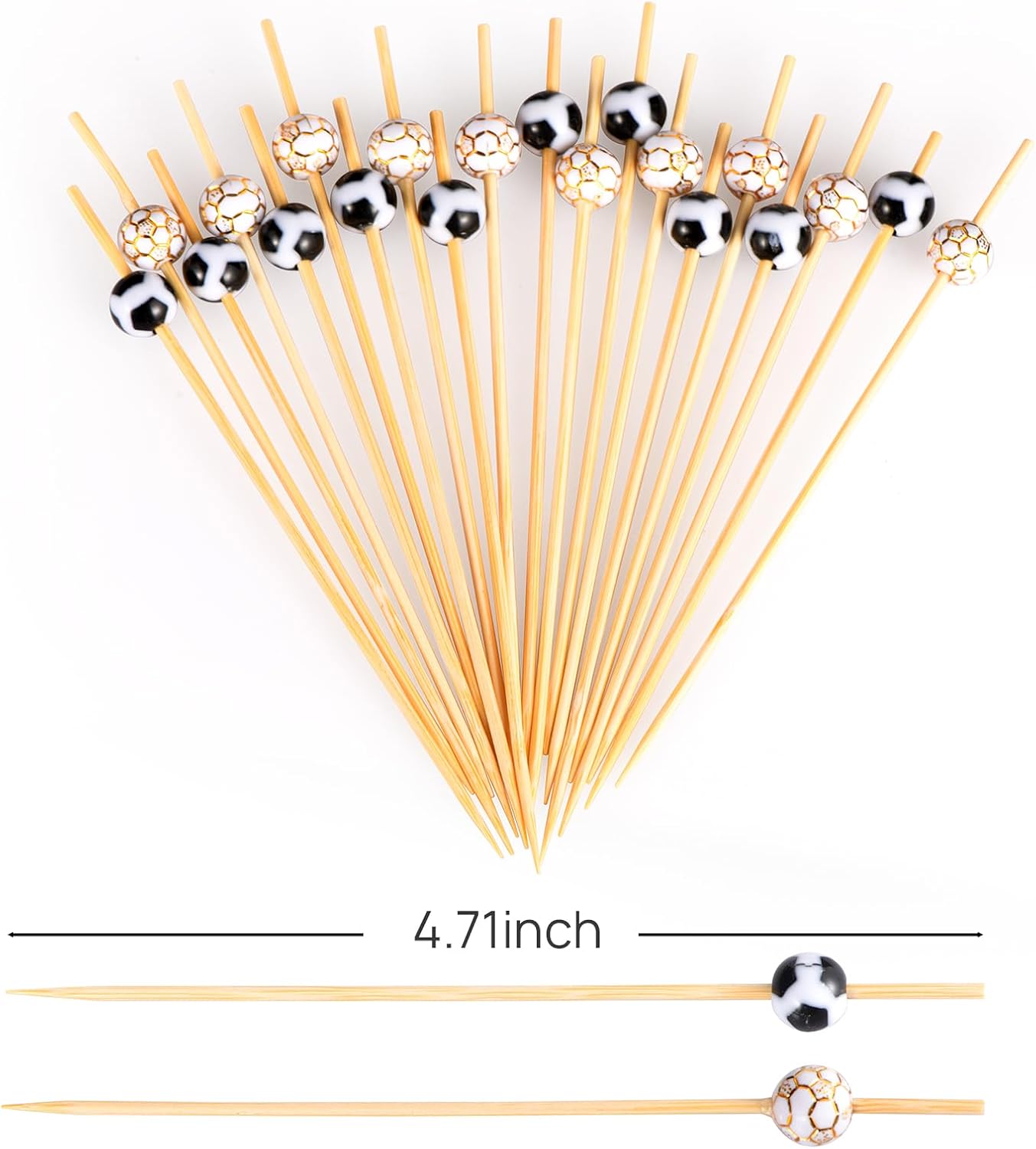 100 Pcs Soccer Toothpicks for Appetizers, 4.7 Inch Football Cocktail Picks for Party Decoration, Bamboo Appetizer Skewers for Charcuterie Sandwich Burgers Fruit Drinks Party (Black) - Image 2