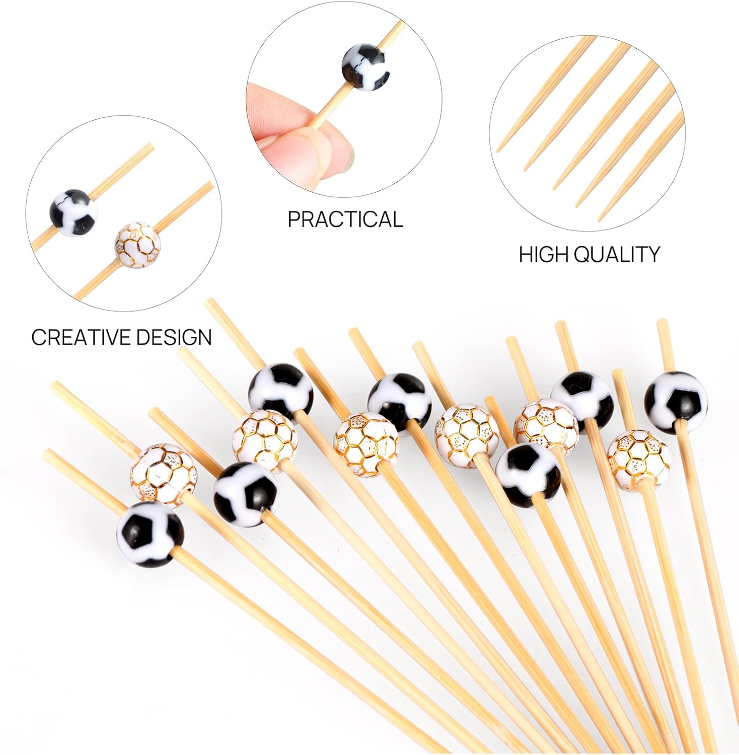 100 Pcs Soccer Toothpicks for Appetizers, 4.7 Inch Football Cocktail Picks for Party Decoration, Bamboo Appetizer Skewers for Charcuterie Sandwich Burgers Fruit Drinks Party (Black) - Image 3
