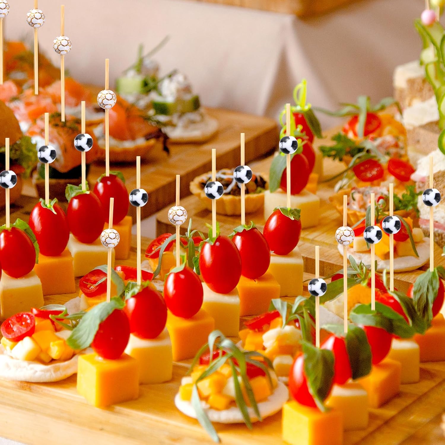 100 Pcs Soccer Toothpicks for Appetizers, 4.7 Inch Football Cocktail Picks for Party Decoration, Bamboo Appetizer Skewers for Charcuterie Sandwich Burgers Fruit Drinks Party (Black) - Image 6