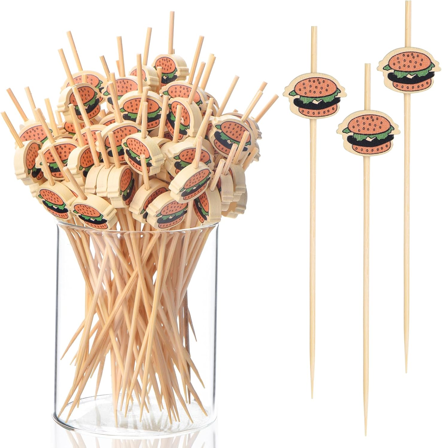 100 Pack Food Toothpicks for Appetizers, 4.7 Inch Bamboo Cocktail Picks Skewers Fruit Sticks, Fancy Toothpicks for Breakfast Sandwiches Hamburger Fruit and Parties Events - Image 1