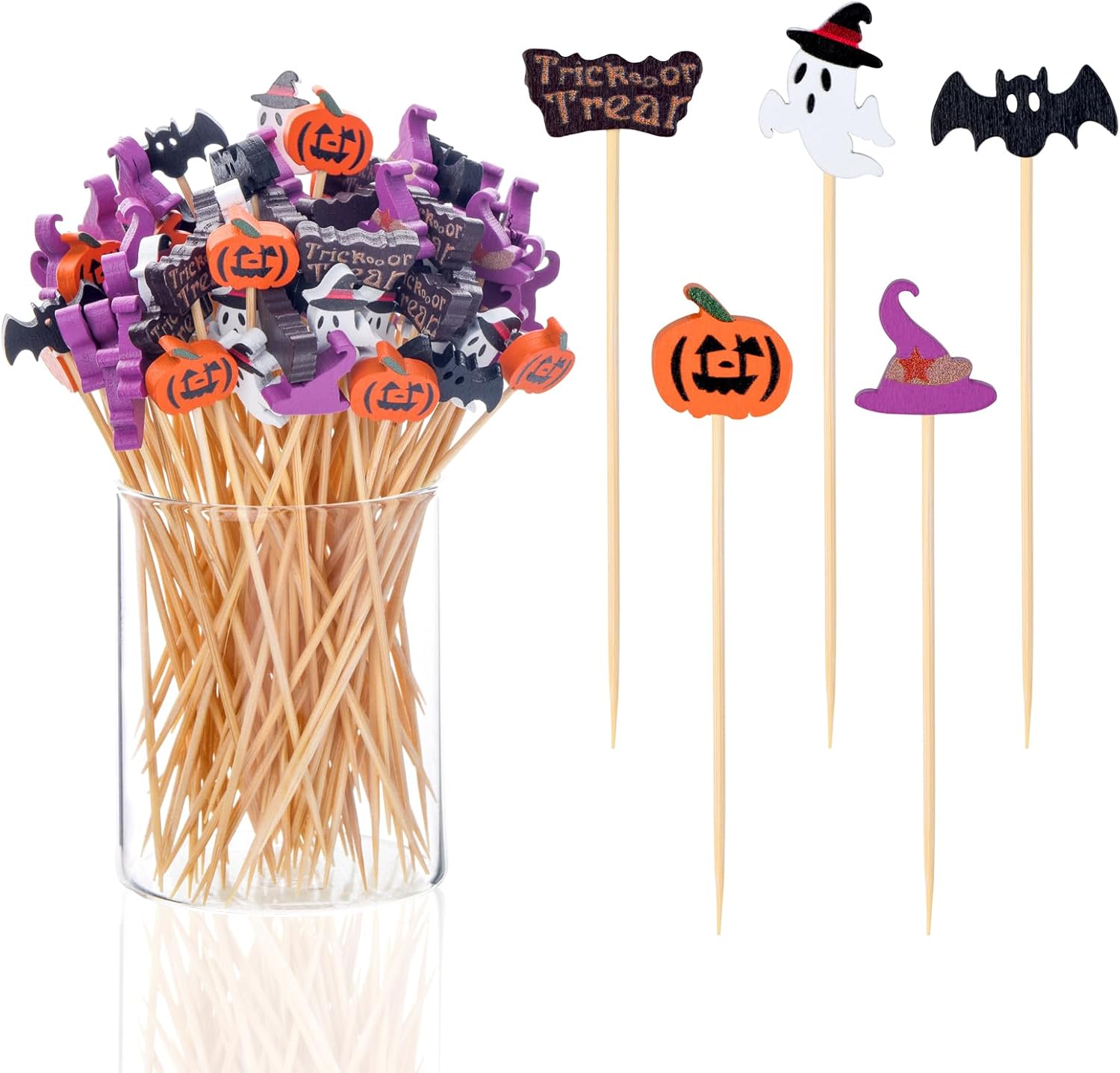 100 Pack Halloween Toothpicks for Appetizers, 4.7 Inch Natural Bamboo Cocktail Picks for Cake Dessert Food Fruit Halloween Party Decorations - Image 1