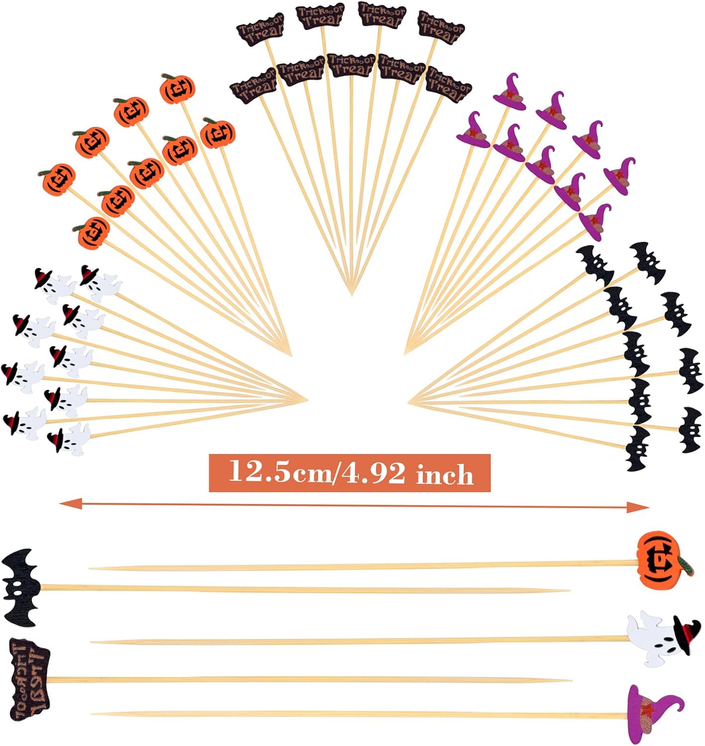 100 Pack Halloween Toothpicks for Appetizers, 4.7 Inch Natural Bamboo Cocktail Picks for Cake Dessert Food Fruit Halloween Party Decorations - Image 2