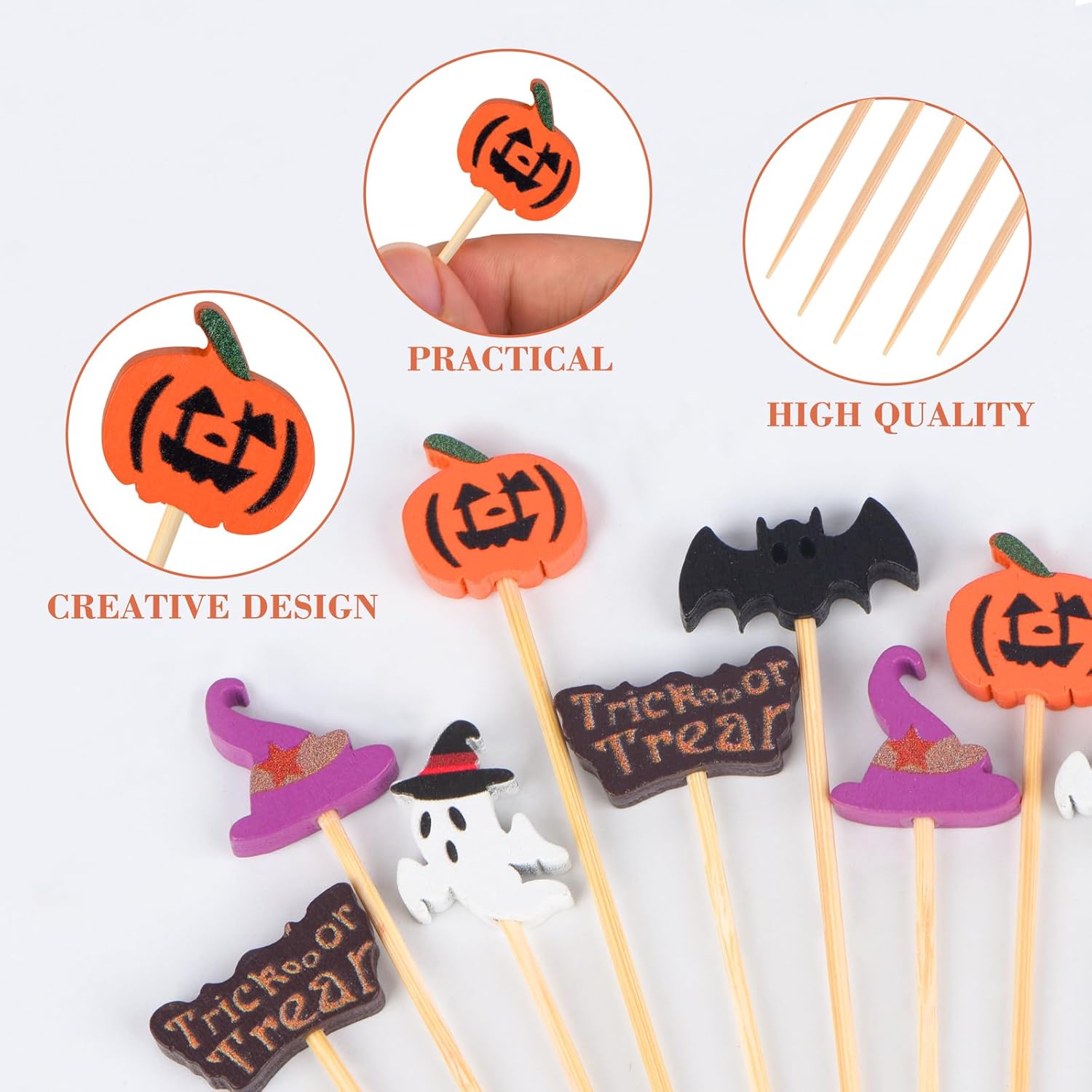 100 Pack Halloween Toothpicks for Appetizers, 4.7 Inch Natural Bamboo Cocktail Picks for Cake Dessert Food Fruit Halloween Party Decorations - Image 3