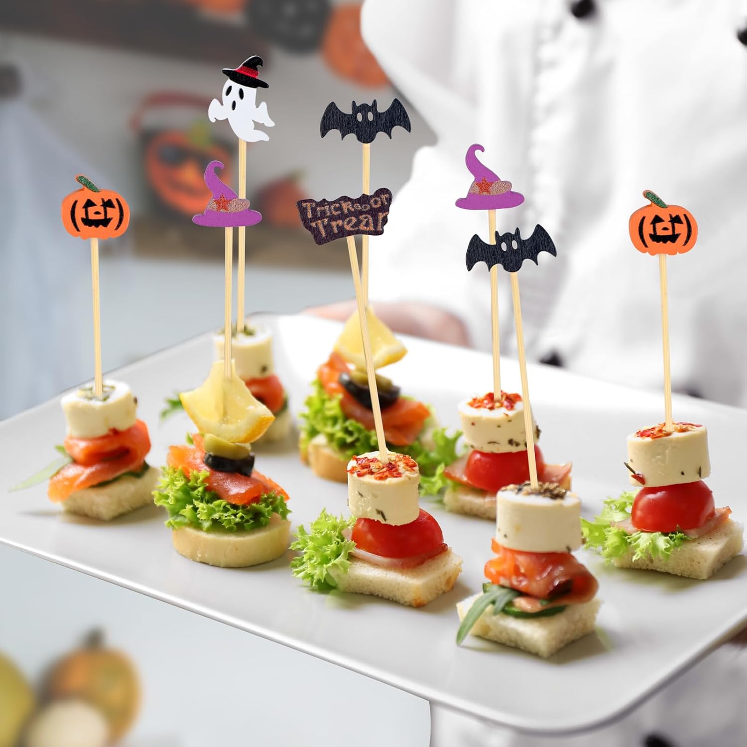 100 Pack Halloween Toothpicks for Appetizers, 4.7 Inch Natural Bamboo Cocktail Picks for Cake Dessert Food Fruit Halloween Party Decorations - Image 4