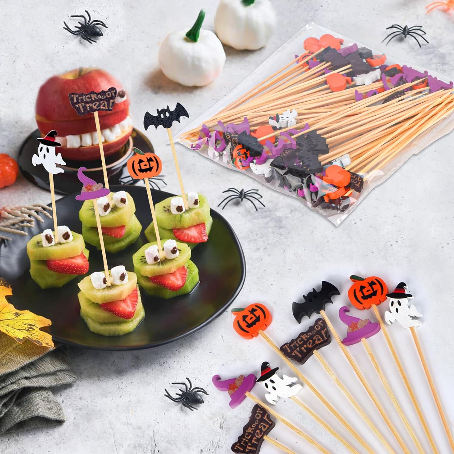 100 Pack Halloween Toothpicks for Appetizers, 4.7 Inch Natural Bamboo Cocktail Picks for Cake Dessert Food Fruit Halloween Party Decorations - Image 5