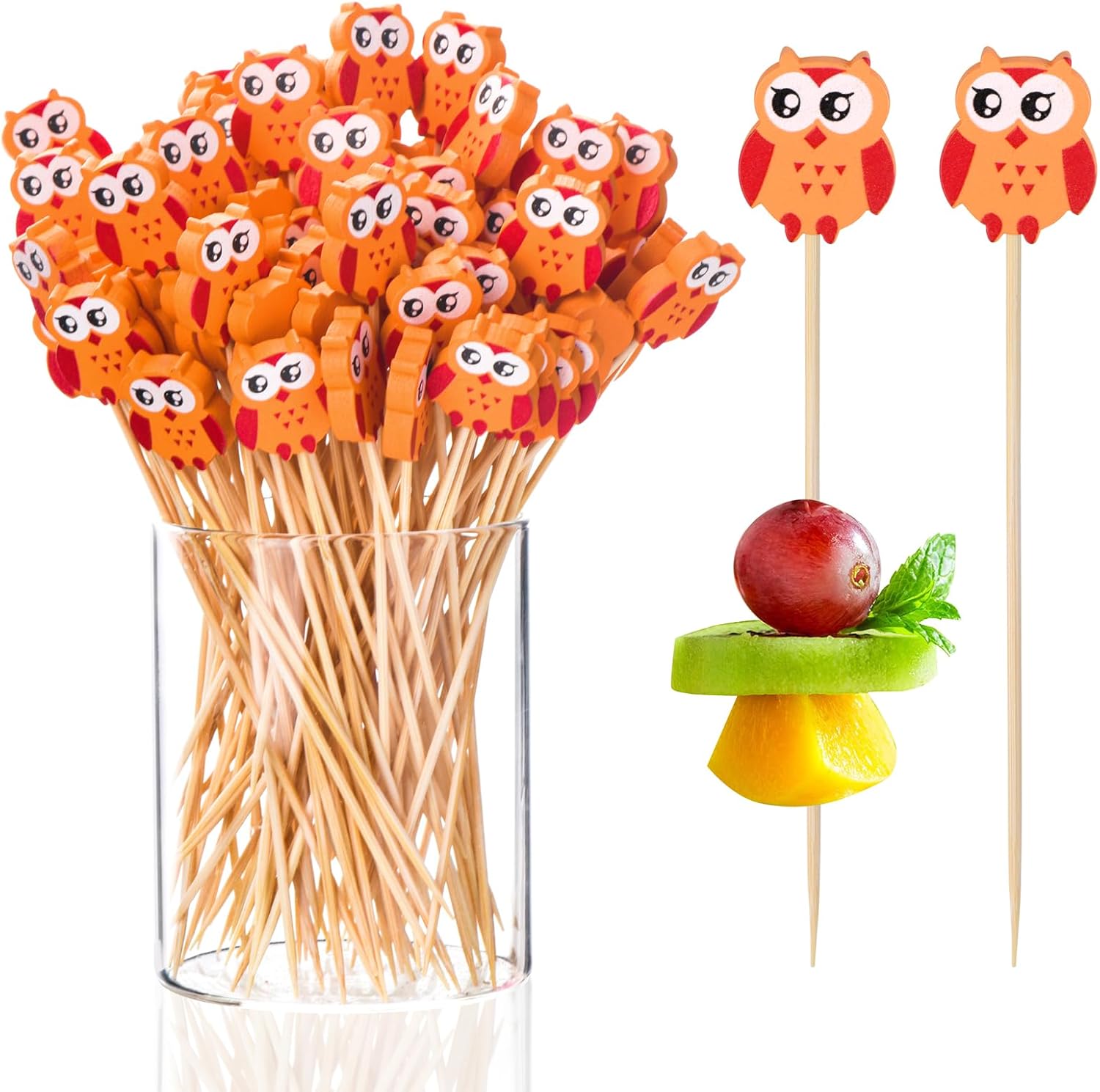 100 Pack Owl Toothpicks for Appetizers, 4.7 Inch Natural Bamboo Cocktail Picks for Cake Dessert Food Picks Wedding Birthday Party Decoration - Image 1