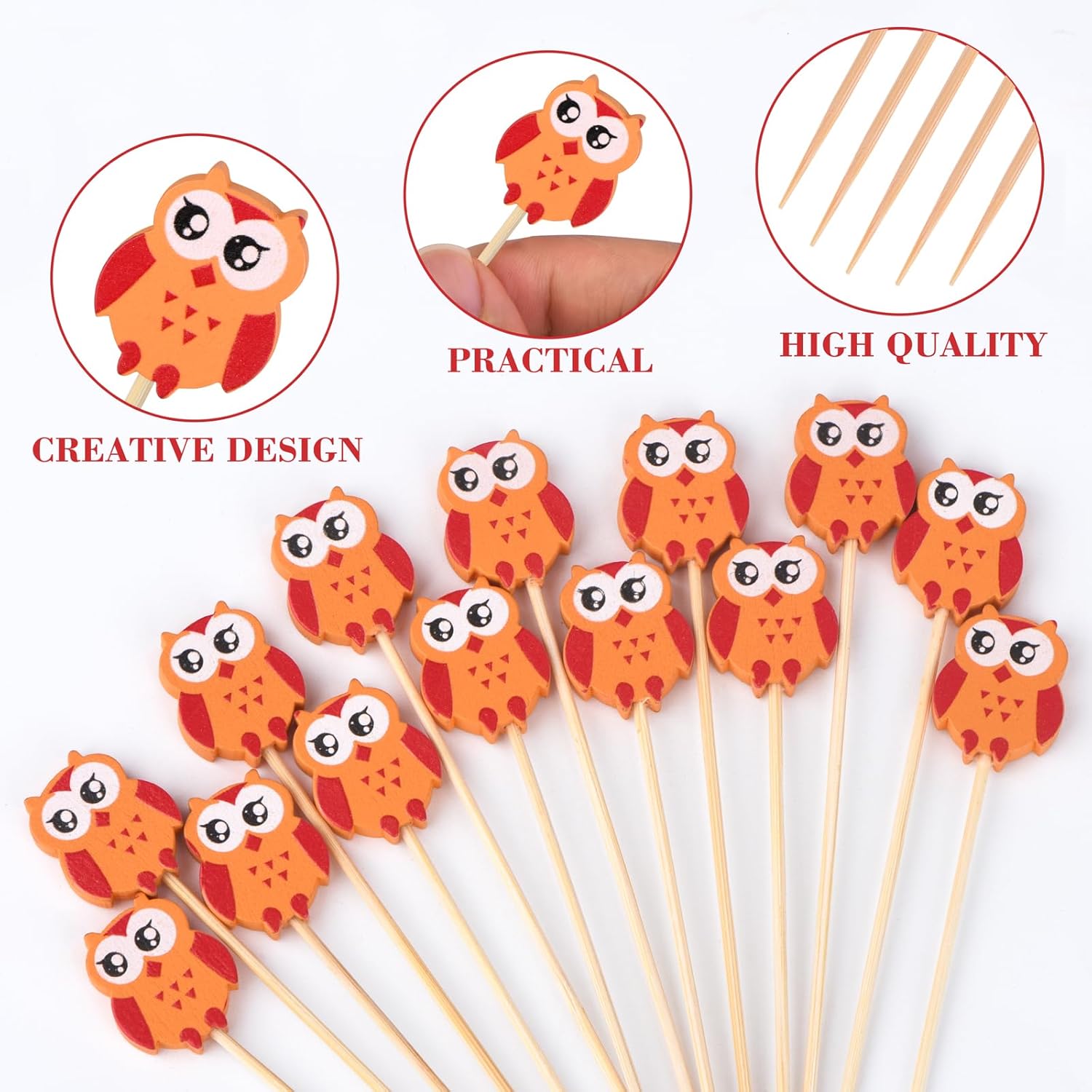 100 Pack Owl Toothpicks for Appetizers, 4.7 Inch Natural Bamboo Cocktail Picks for Cake Dessert Food Picks Wedding Birthday Party Decoration - Image 3