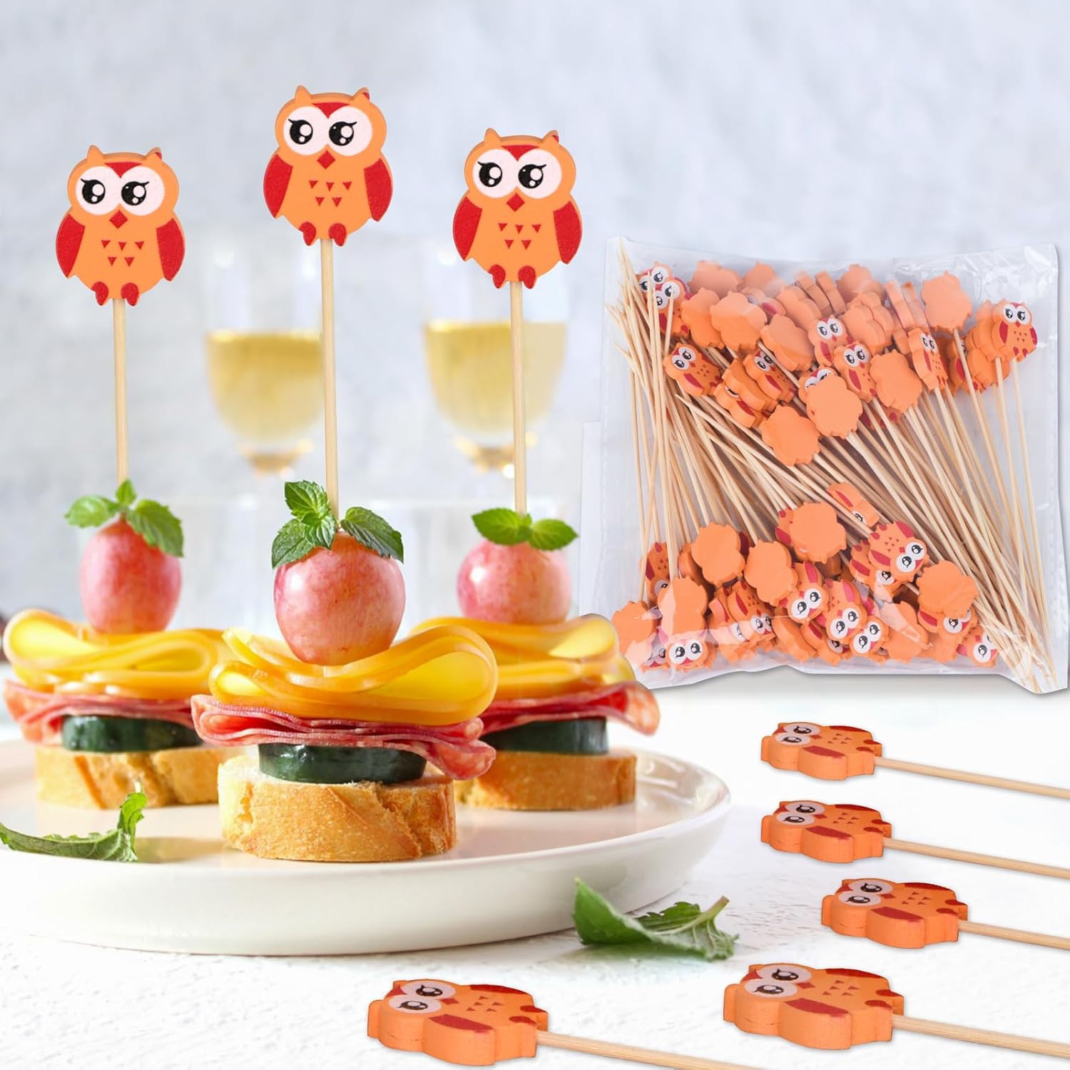 100 Pack Owl Toothpicks for Appetizers, 4.7 Inch Natural Bamboo Cocktail Picks for Cake Dessert Food Picks Wedding Birthday Party Decoration - Image 6