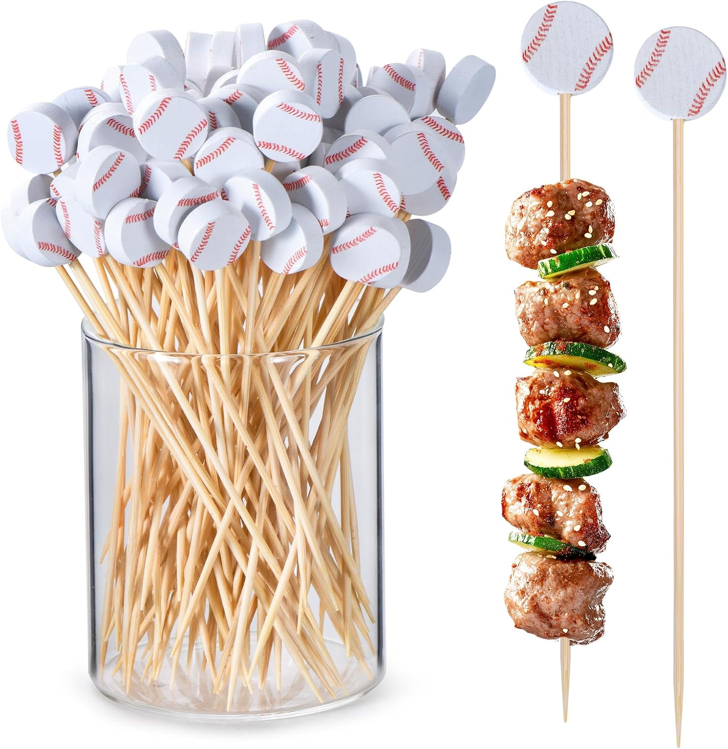 100 Pack Baseball Toothpicks, 4.7 Inch Bamboo Cocktail Picks, Bamboo Toothpicks for Sports Catered Event Birthday Themed Party Decorations - Image 1