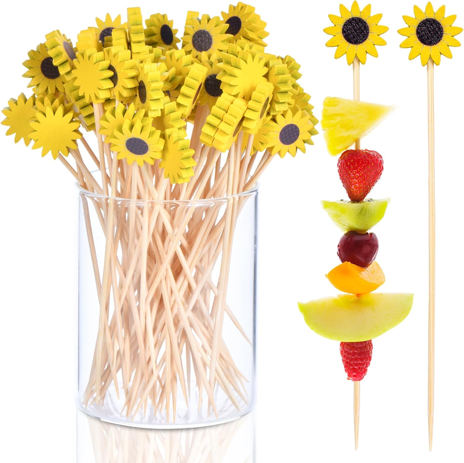 100 Pcs Flower Toothpicks for Appetizers, 4.7 Inch Fancy Cocktail Picks for Party Decoration, Bamboo Appetizer Skewers for Charcuterie Sandwich Burgers Fruit Drinks Party (Yellow) - Image 1