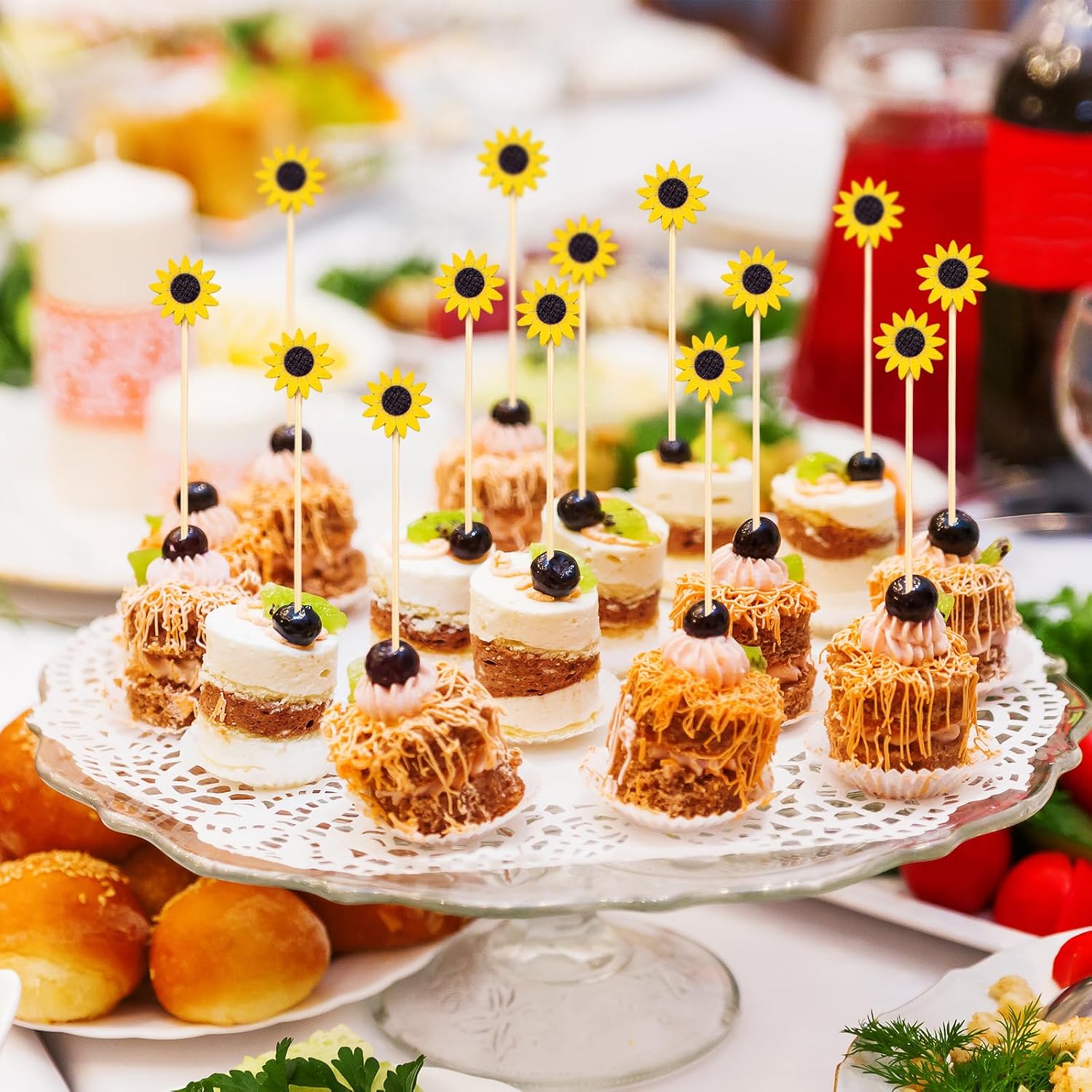 100 Pcs Flower Toothpicks for Appetizers, 4.7 Inch Fancy Cocktail Picks for Party Decoration, Bamboo Appetizer Skewers for Charcuterie Sandwich Burgers Fruit Drinks Party (Yellow) - Image 5
