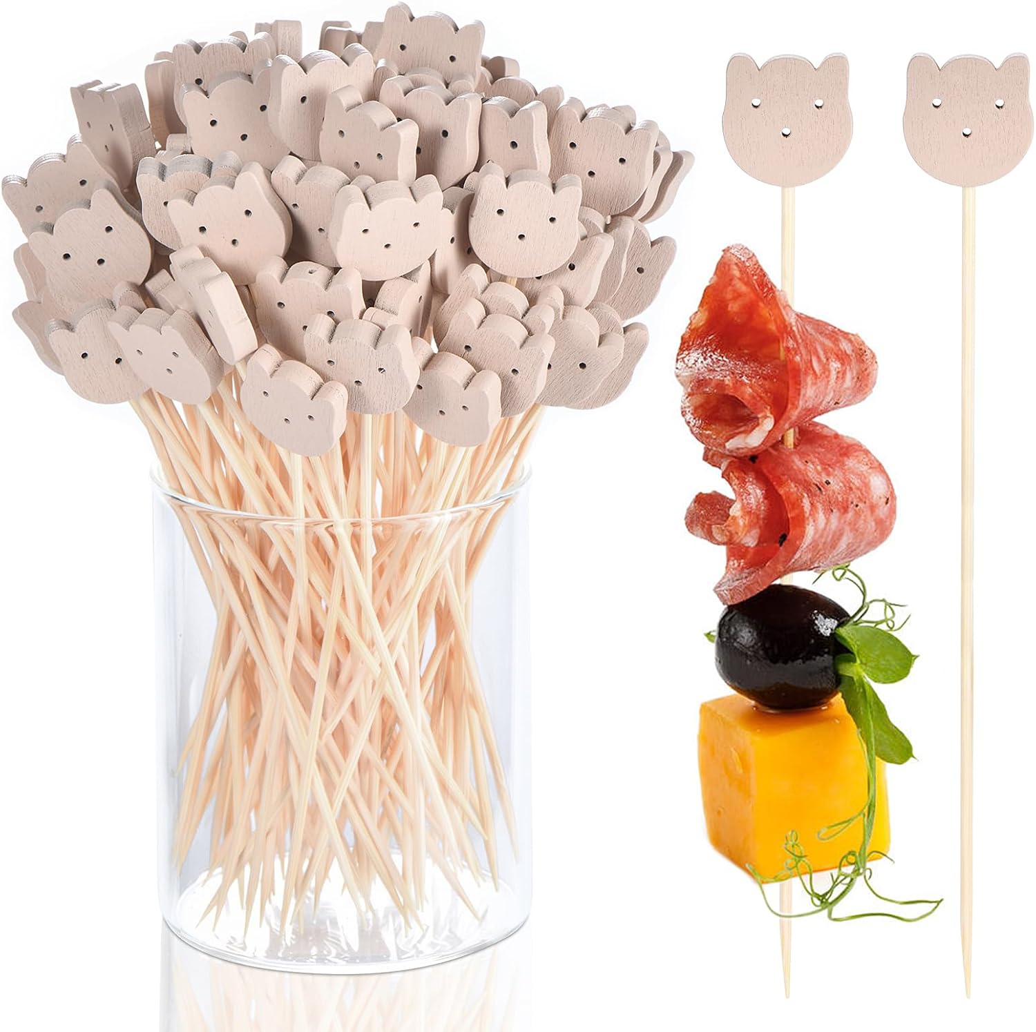100 Pcs Fancy Toothpicks for Appetizers, 4.7 Inch Bear Face Cocktail Picks for Party Decoration, Bamboo Appetizer Skewers for Charcuterie Sandwich Burgers Fruit Drinks Party - Image 1