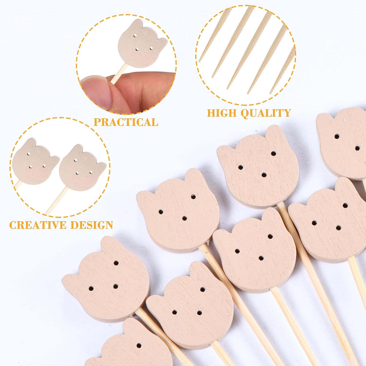 100 Pcs Fancy Toothpicks for Appetizers, 4.7 Inch Bear Face Cocktail Picks for Party Decoration, Bamboo Appetizer Skewers for Charcuterie Sandwich Burgers Fruit Drinks Party - Image 3