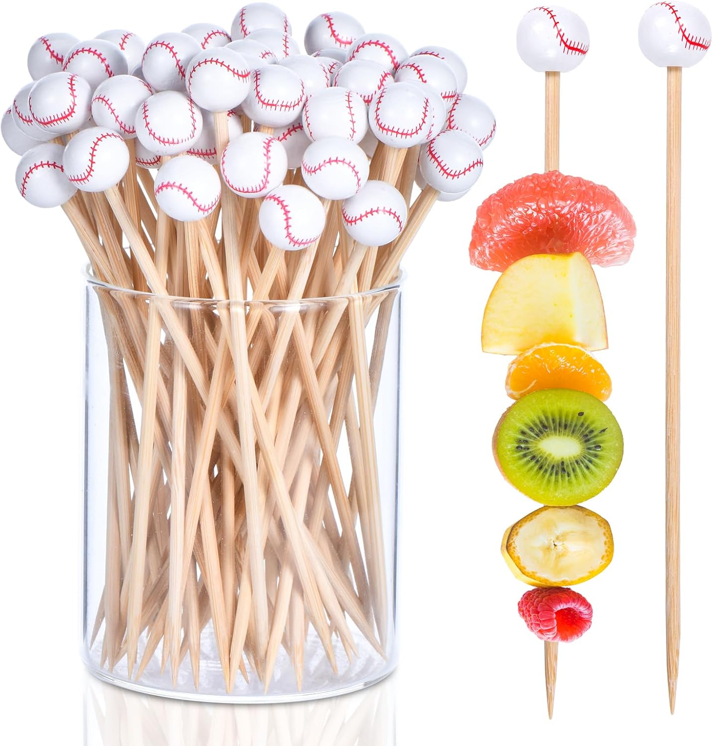 100 Pack Baseball Toothpicks, 4.7 Inch Bamboo Cocktail Picks, Bamboo Toothpicks for Drinks Dessert Wedding Birthday Party - Image 1