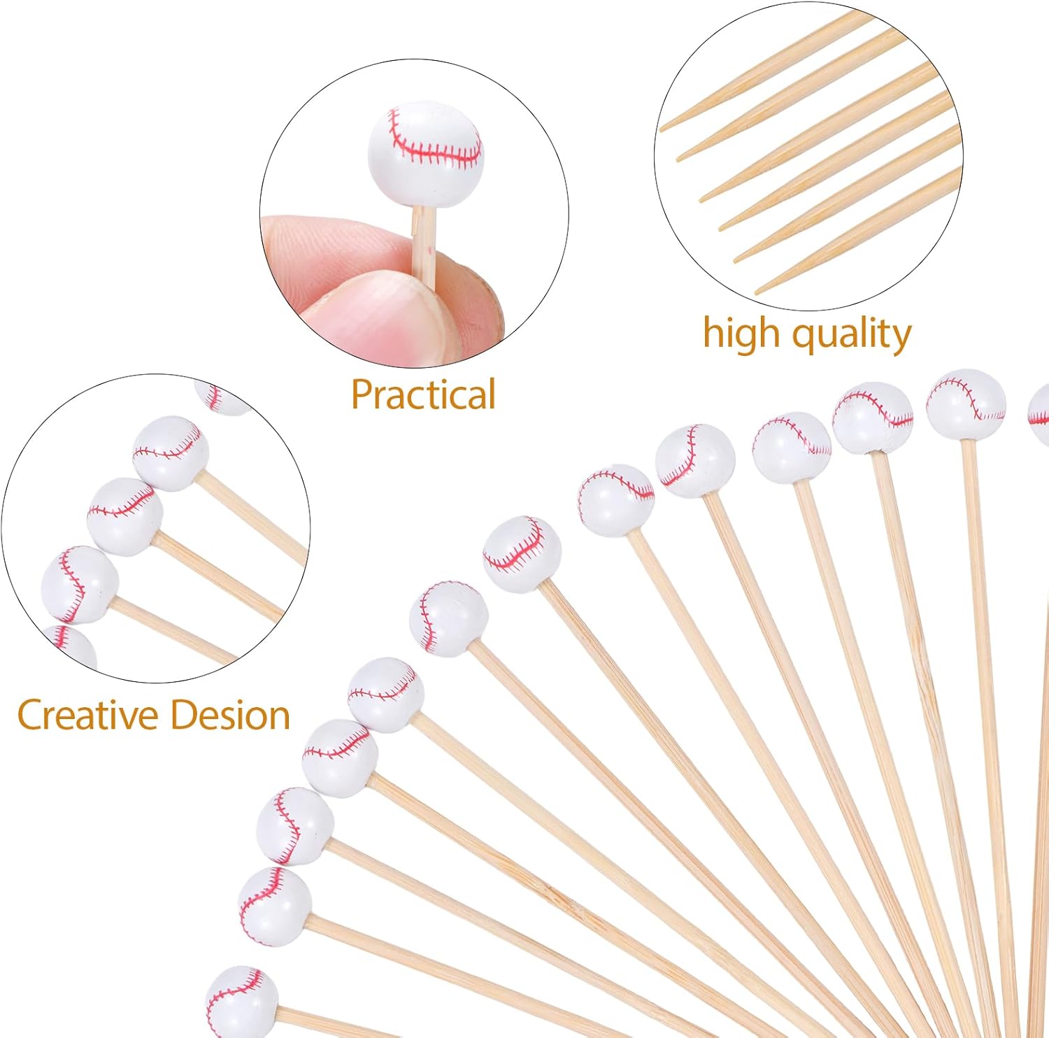 100 Pack Baseball Toothpicks, 4.7 Inch Bamboo Cocktail Picks, Bamboo Toothpicks for Drinks Dessert Wedding Birthday Party - Image 3