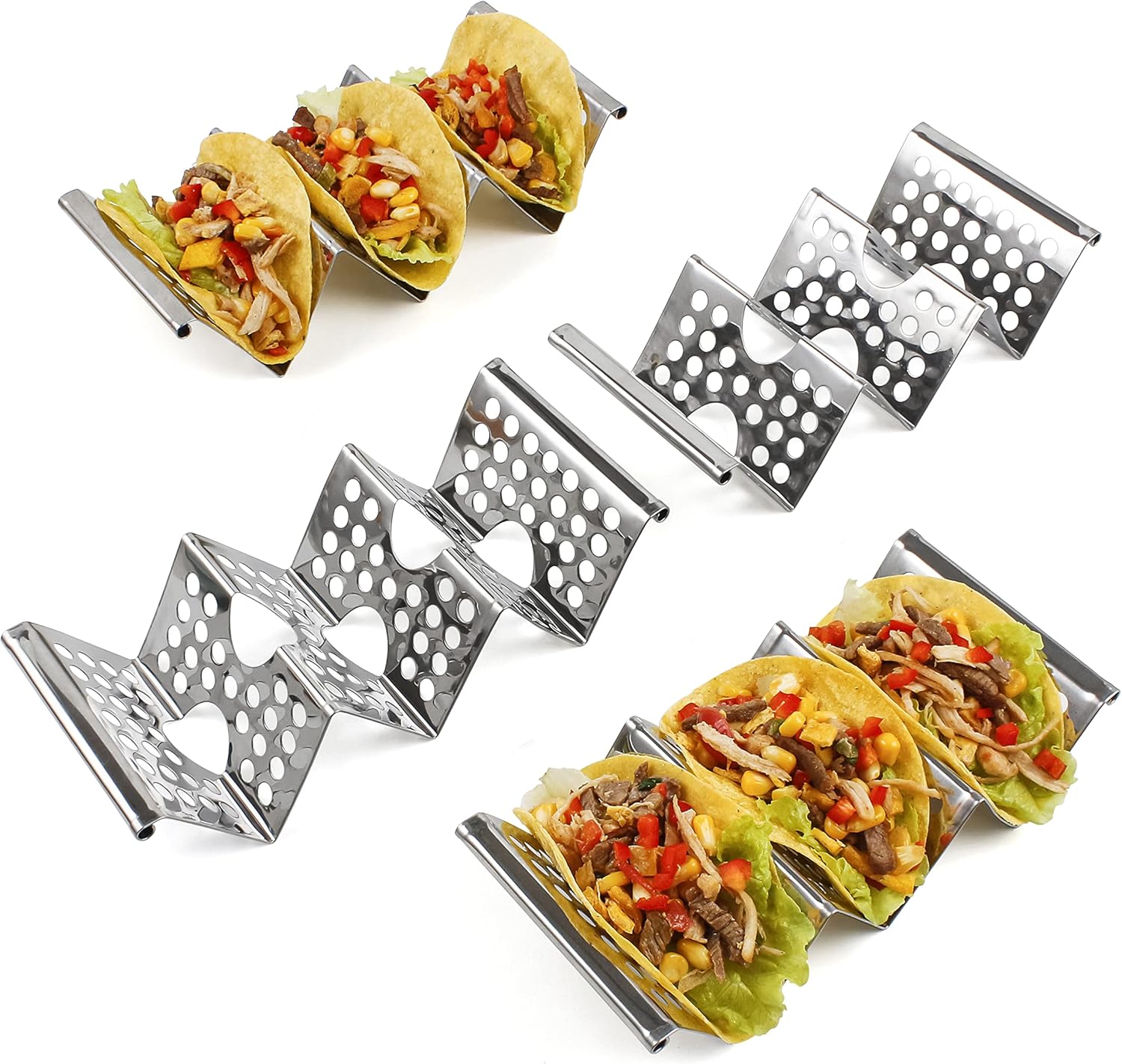 4 Pack Stainless Steel Taco Holders, Premium Taco Stands, Holds 2 Or 3 Tacos Each Taco Tray, Taco Rack With Easy-Access Handle, Food Grade Taco Plate Shells Oven & Grill Safe, BPA Free(Hollow) - Image 1