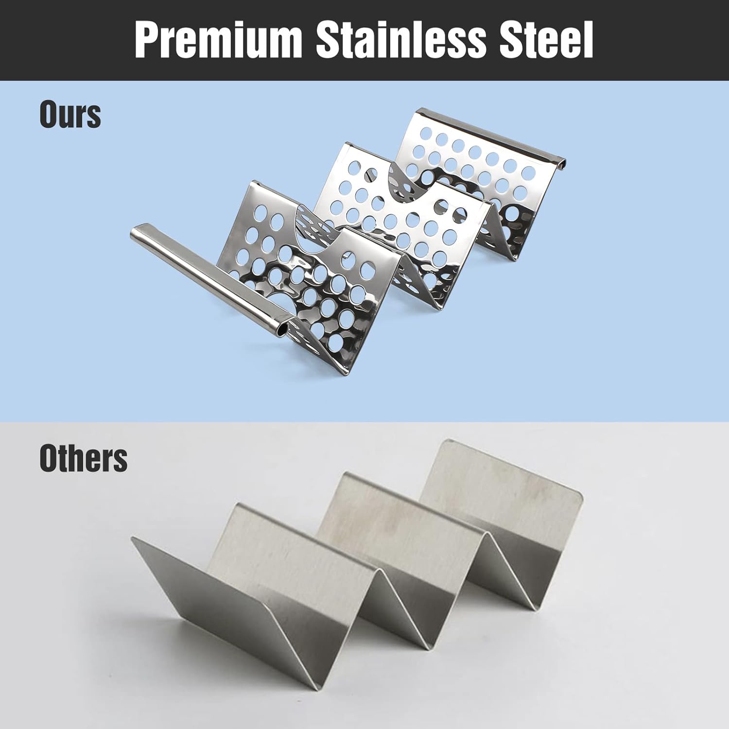 4 Pack Stainless Steel Taco Holders, Premium Taco Stands, Holds 2 Or 3 Tacos Each Taco Tray, Taco Rack With Easy-Access Handle, Food Grade Taco Plate Shells Oven & Grill Safe, BPA Free(Hollow) - Image 3