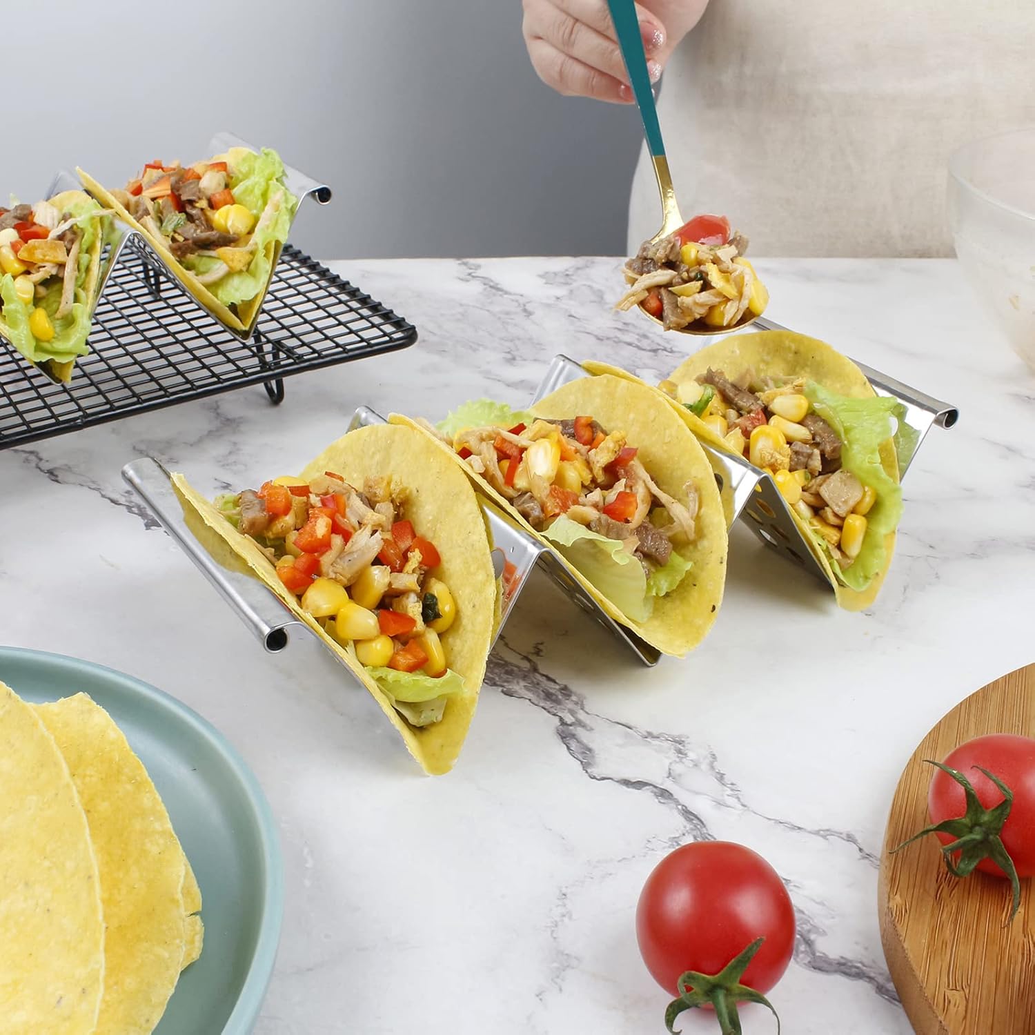 4 Pack Stainless Steel Taco Holders, Premium Taco Stands, Holds 2 Or 3 Tacos Each Taco Tray, Taco Rack With Easy-Access Handle, Food Grade Taco Plate Shells Oven & Grill Safe, BPA Free(Hollow) - Image 4