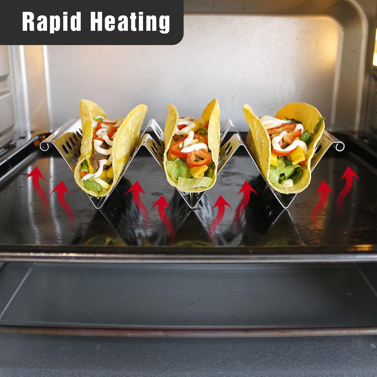 4 Pack Stainless Steel Taco Holders, Premium Taco Stands, Holds 2 Or 3 Tacos Each Taco Tray, Taco Rack With Easy-Access Handle, Food Grade Taco Plate Shells Oven & Grill Safe, BPA Free(Hollow) - Image 5