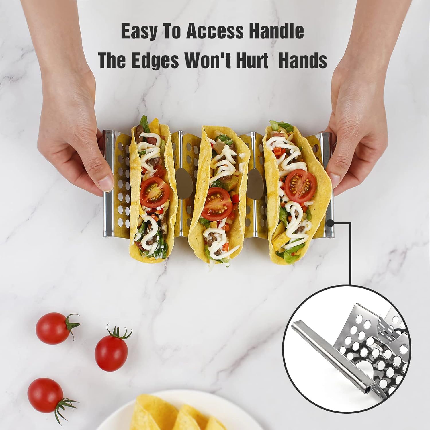 4 Pack Stainless Steel Taco Holders, Premium Taco Stands, Holds 2 Or 3 Tacos Each Taco Tray, Taco Rack With Easy-Access Handle, Food Grade Taco Plate Shells Oven & Grill Safe, BPA Free(Hollow) - Image 6
