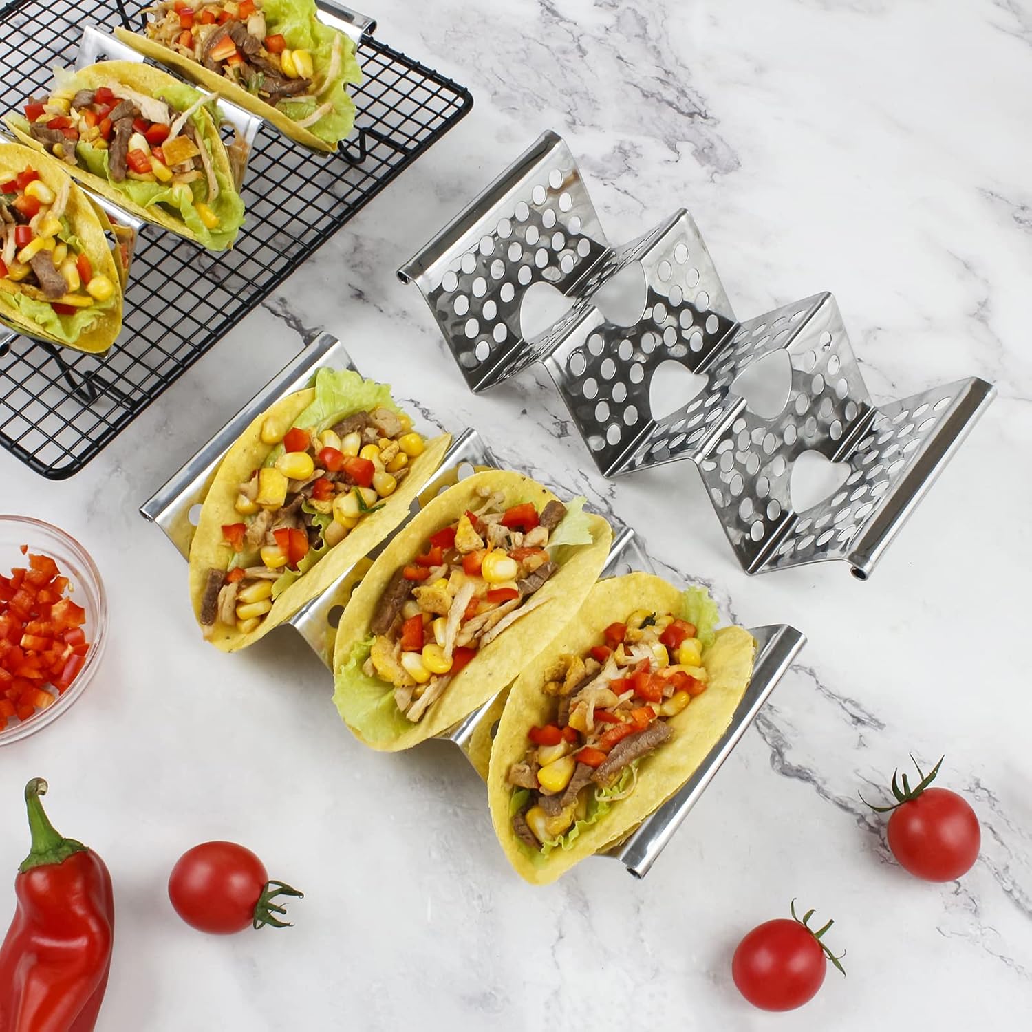 4 Pack Stainless Steel Taco Holders, Premium Taco Stands, Holds 2 Or 3 Tacos Each Taco Tray, Taco Rack With Easy-Access Handle, Food Grade Taco Plate Shells Oven & Grill Safe, BPA Free(Hollow) - Image 7