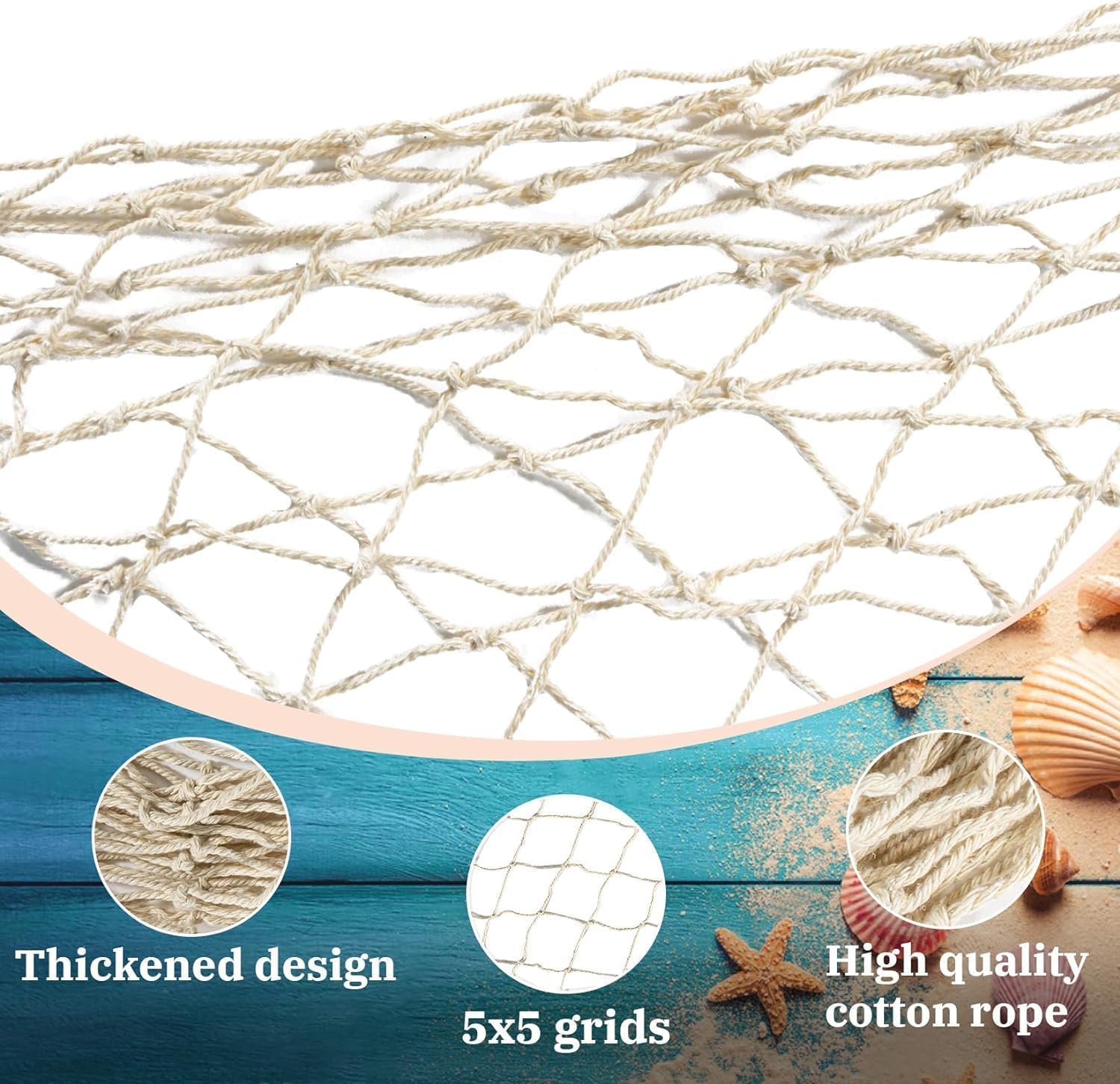 Fish Net Decorations for Party - 2PCS 39.37 * 78.74 in Fishing Net Decoration Netting for Wall Photo Hanging Nautical Fishnet Table Runner Decorative Ocean Theme Birthday Party Rope Nets - Image 3