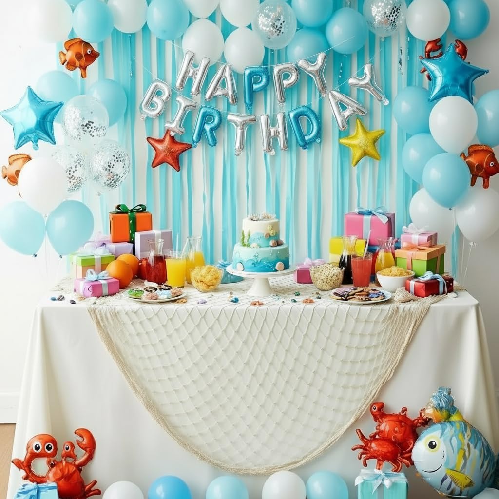 Fish Net Decorations for Party - 2PCS 39.37 * 78.74 in Fishing Net Decoration Netting for Wall Photo Hanging Nautical Fishnet Table Runner Decorative Ocean Theme Birthday Party Rope Nets - Image 4