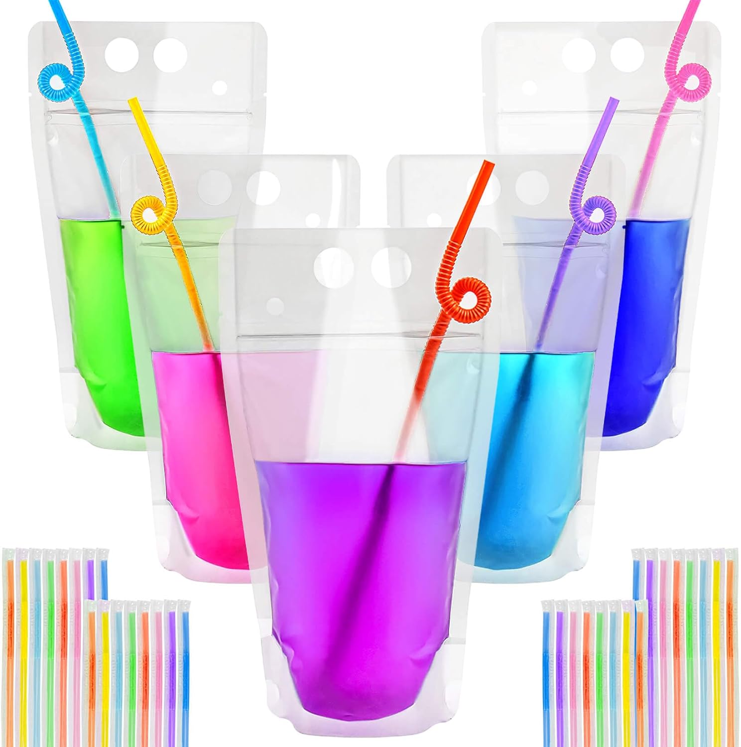 44 Drink Pouches with Straws Individually-Wrapped - 17oz Juice Drink Pouches Adults Alcohol Clear Plastic Halloween Blood Bag Reusable Cocktail Liquor Liquid Smoothie Party Hot Weather Cooling - Image 1