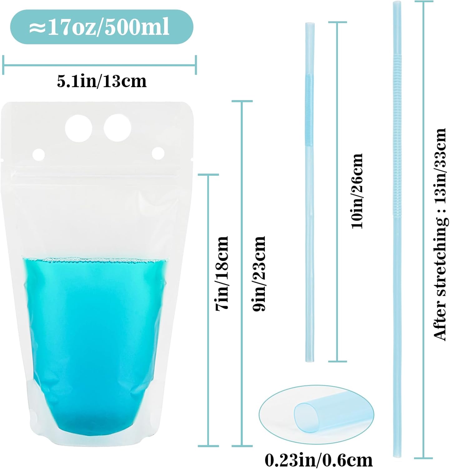 44 Drink Pouches with Straws Individually-Wrapped - 17oz Juice Drink Pouches Adults Alcohol Clear Plastic Halloween Blood Bag Reusable Cocktail Liquor Liquid Smoothie Party Hot Weather Cooling - Image 2