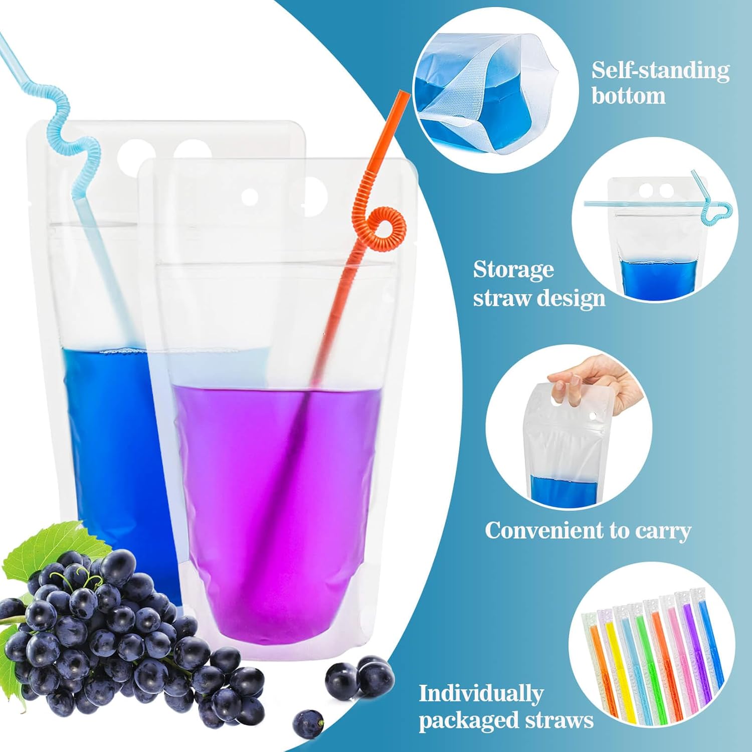 44 Drink Pouches with Straws Individually-Wrapped - 17oz Juice Drink Pouches Adults Alcohol Clear Plastic Halloween Blood Bag Reusable Cocktail Liquor Liquid Smoothie Party Hot Weather Cooling - Image 4
