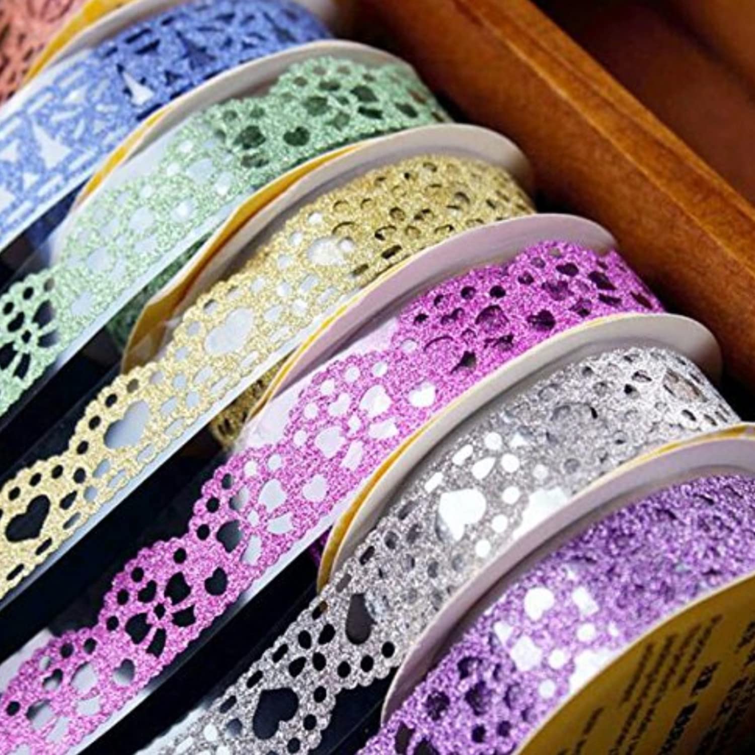 Decorative Washi Tape Set - 6Rolls Glitter Lace Washi Tape for Card Making Supplies, Scrapbook Craft Supplies, Aesthetic Journaling, DIY Craft Projects Gift Wrapping - Image 1