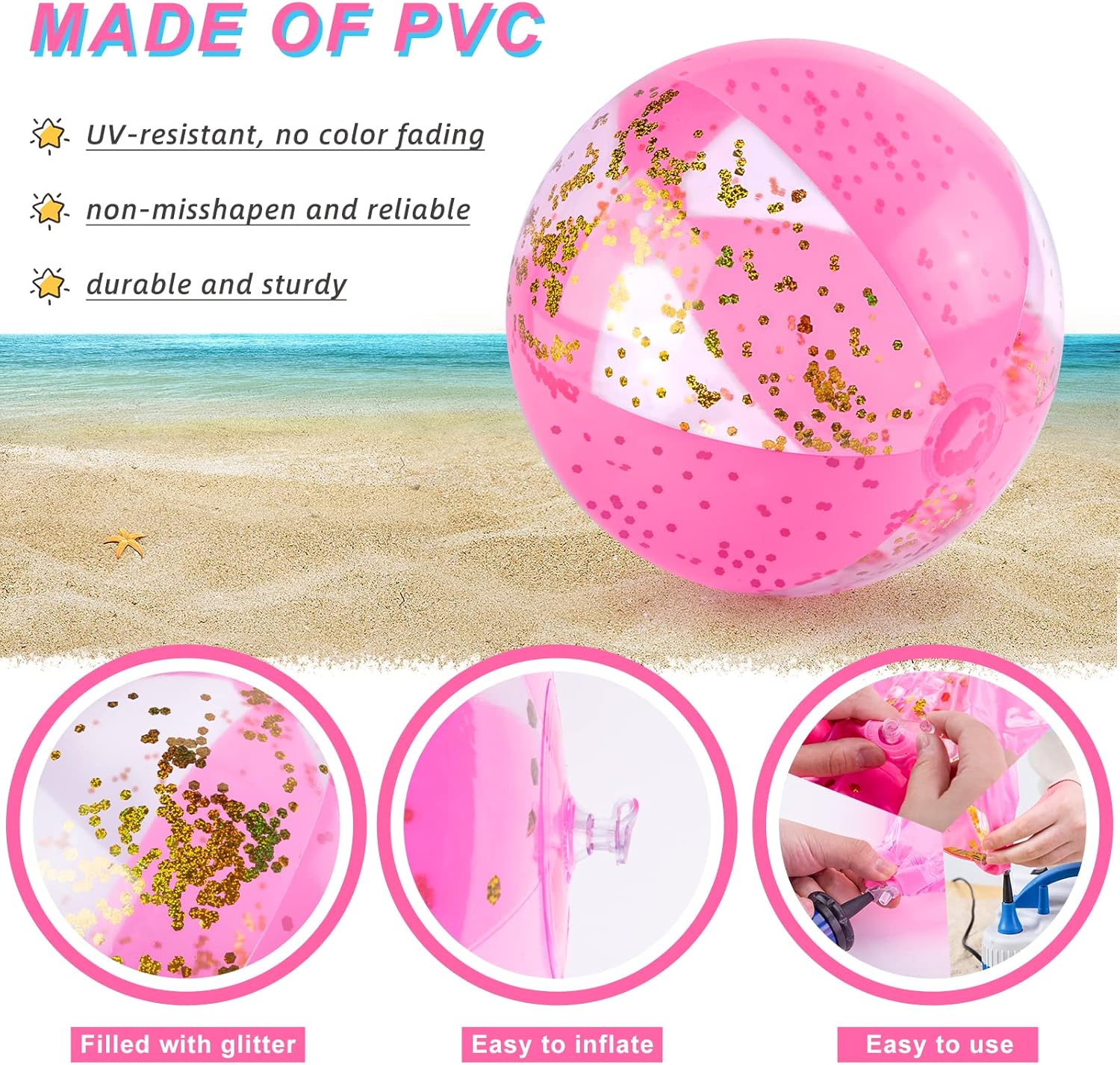 16 Inch Inflatable Beach Balls, 3 Pack Glitter Beach Balls Pool Toys with Confetti Sparkling Balls for Kids Toddlers Adults Summer Pool Party Favors - Image 4