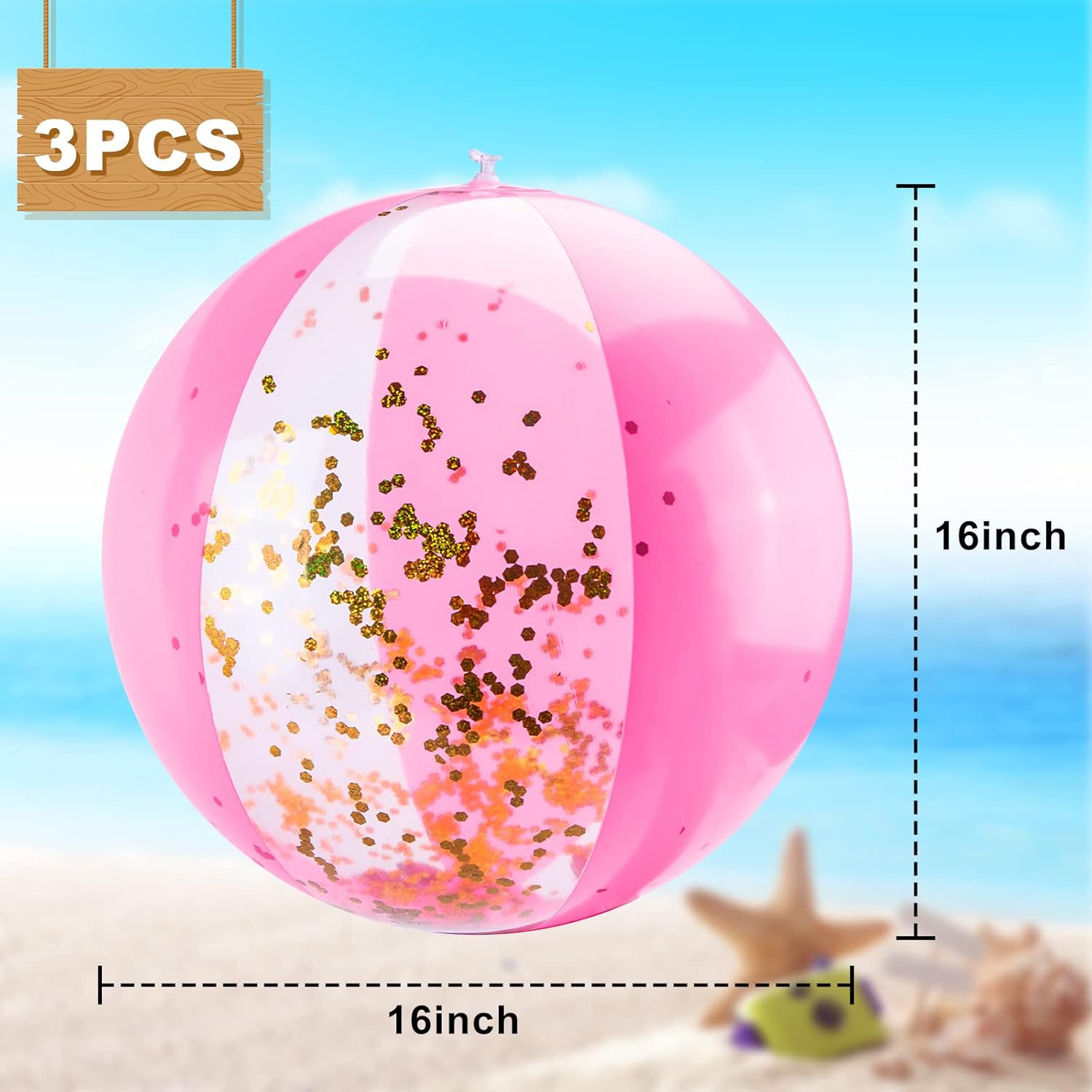 16 Inch Inflatable Beach Balls, 3 Pack Glitter Beach Balls Pool Toys with Confetti Sparkling Balls for Kids Toddlers Adults Summer Pool Party Favors - Image 5