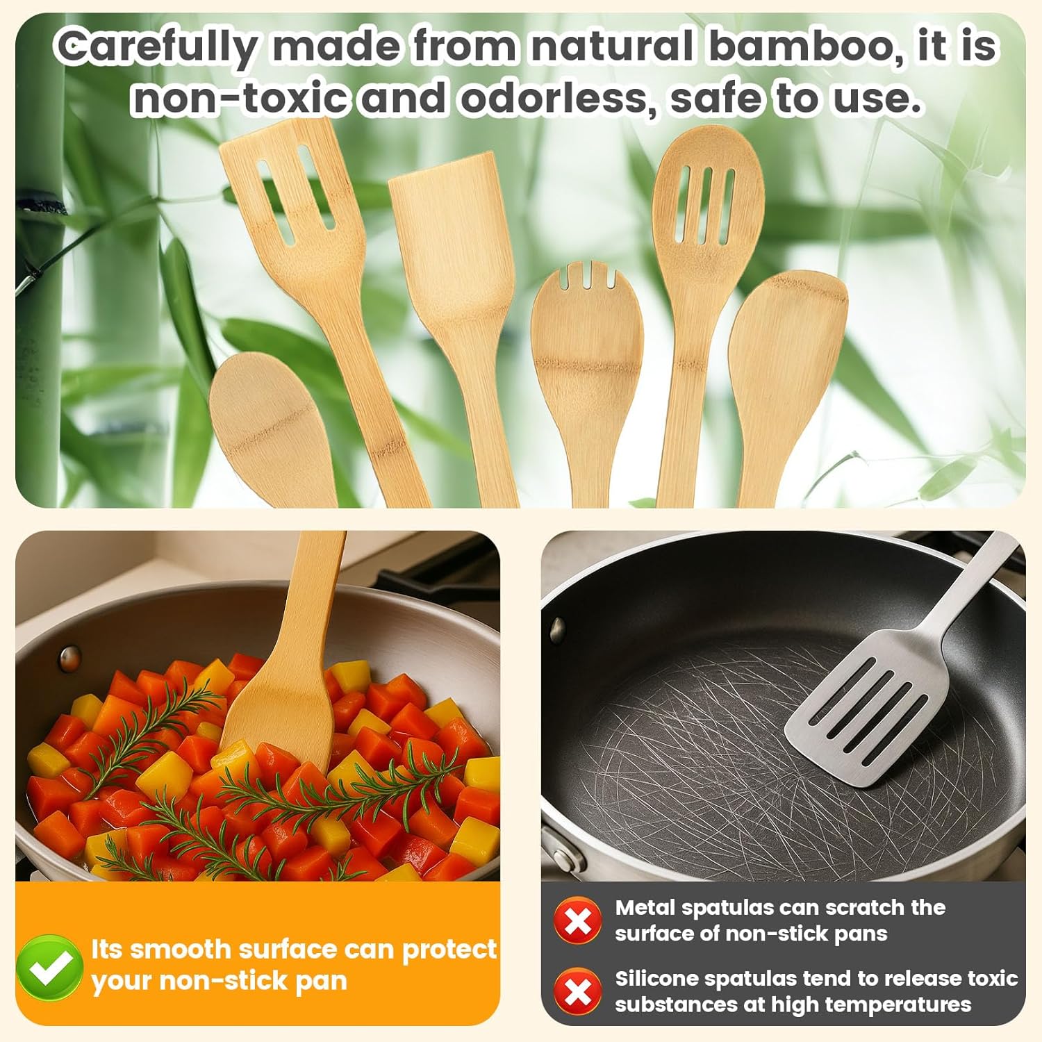 Bamboo Wooden Spoons for Cooking 6-Piece, Nonstick Bamboo Kitchen Utensils Set Wood Spatulas Spoons for Daily Use, Housewarming Gifts - Image 3