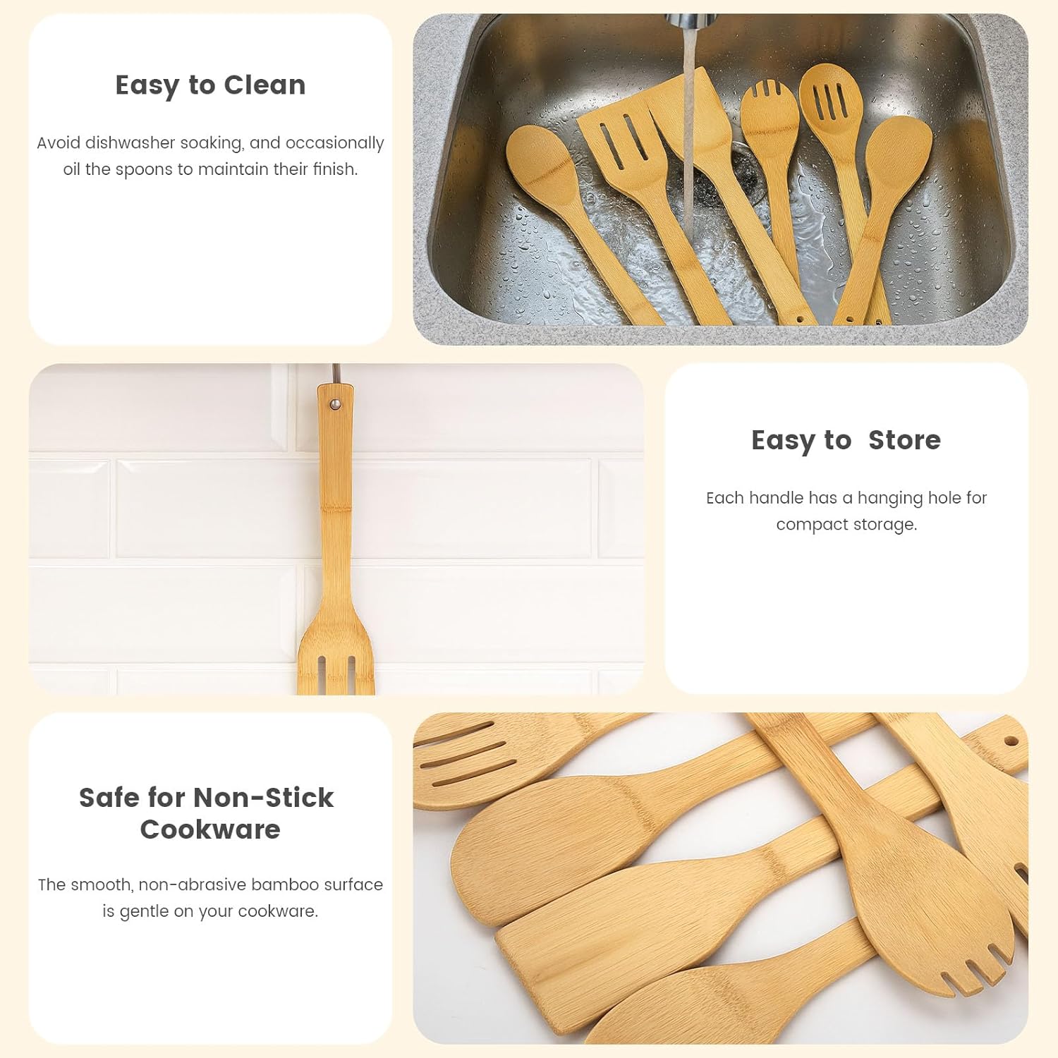 Bamboo Wooden Spoons for Cooking 6-Piece, Nonstick Bamboo Kitchen Utensils Set Wood Spatulas Spoons for Daily Use, Housewarming Gifts - Image 4