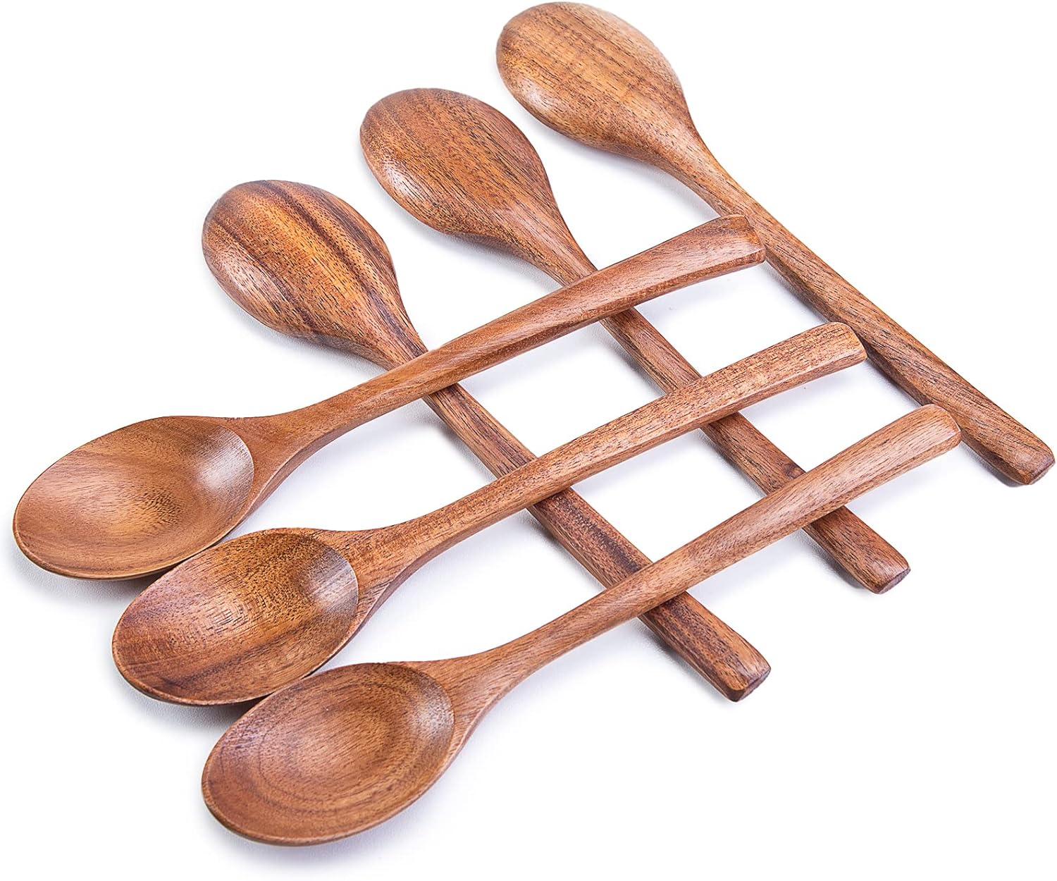 Wooden Spoons for Eating, 8.2 Inch Wood Mixing Soup Spoon with Long Handle for Korean Food Daily Meal Stirring Sauce Coffee, 6PCS - Image 1