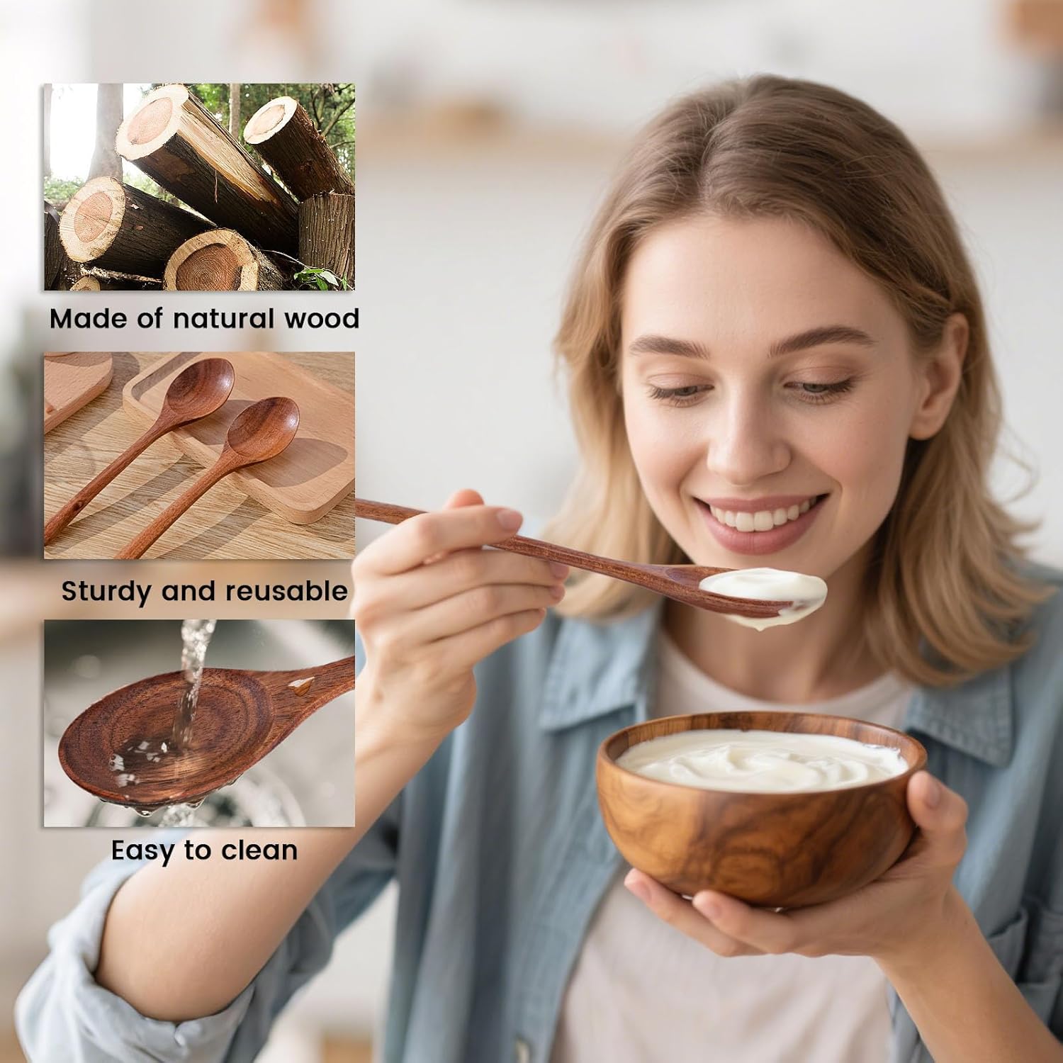 Wooden Spoons for Eating, 8.2 Inch Wood Mixing Soup Spoon with Long Handle for Korean Food Daily Meal Stirring Sauce Coffee, 6PCS - Image 3