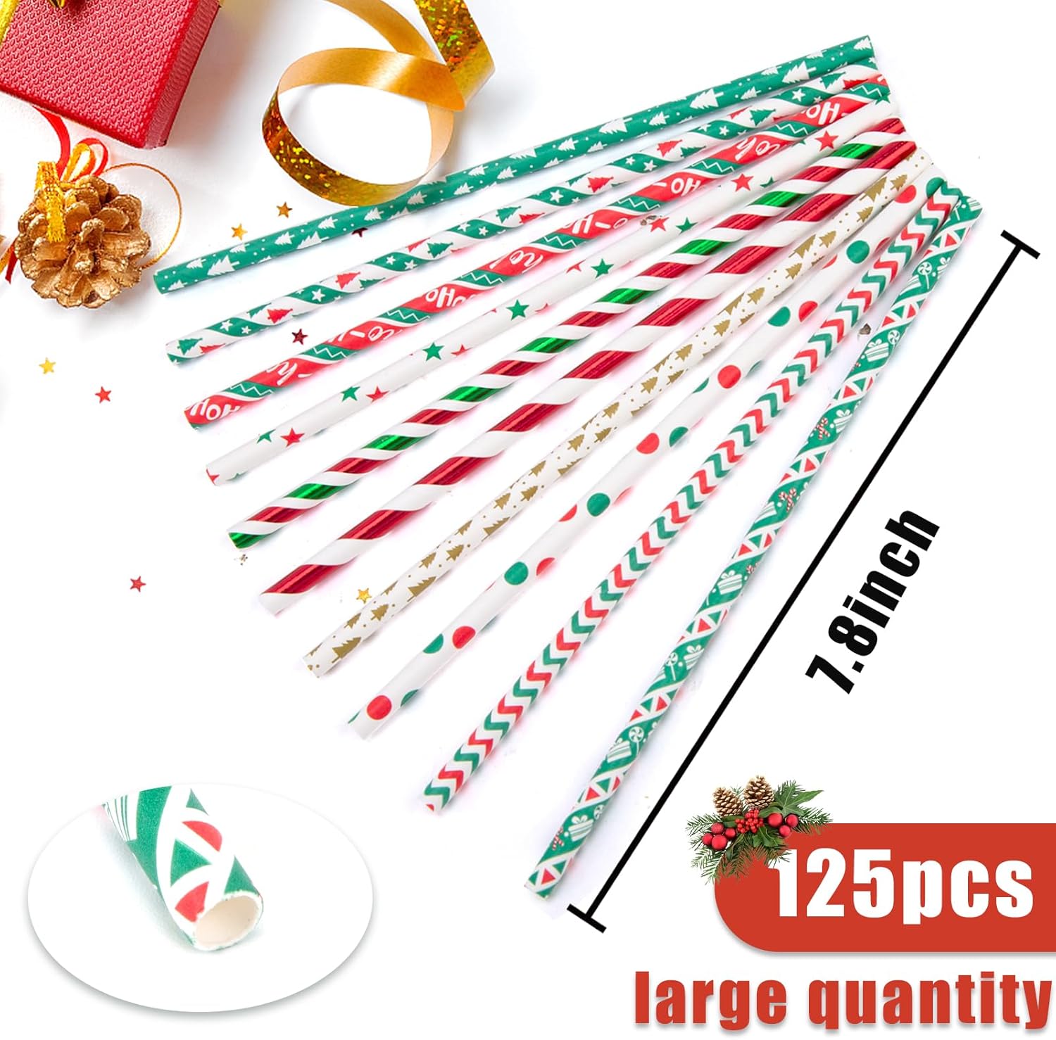 Christmas Paper Straws, Stripe Holiday Straws Bulk in 10 Styles for Drinking, Xmas Party Supplies, DIY Crafts, 125PCS - Image 2