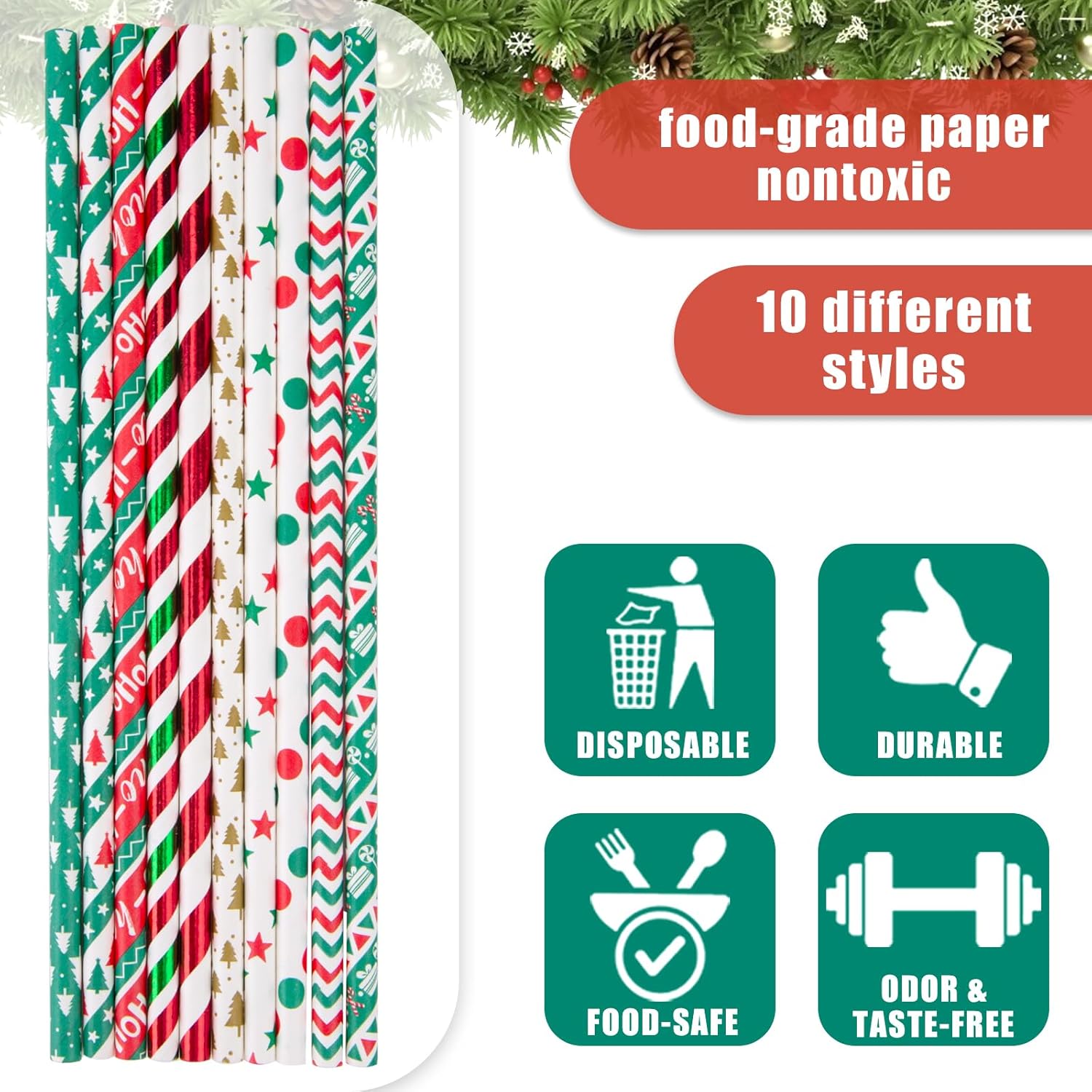 Christmas Paper Straws, Stripe Holiday Straws Bulk in 10 Styles for Drinking, Xmas Party Supplies, DIY Crafts, 125PCS - Image 3