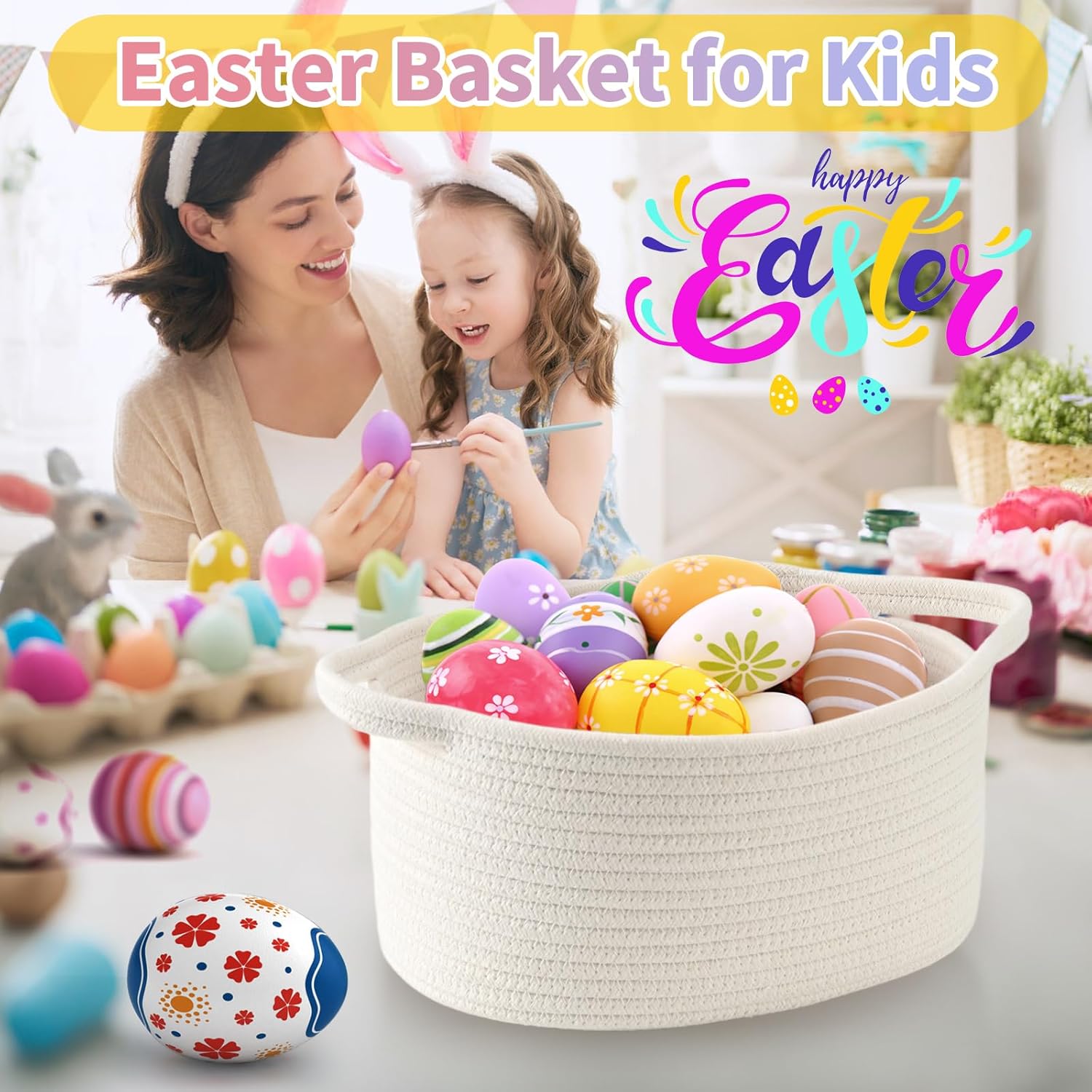 Cute Woven Easter Basket with Handle, Baskets for Gifts Empty, Present Containers for Raffle Baby Shower Burr Basket, Decorative Organizer Box for Storage Baby Toy, 13