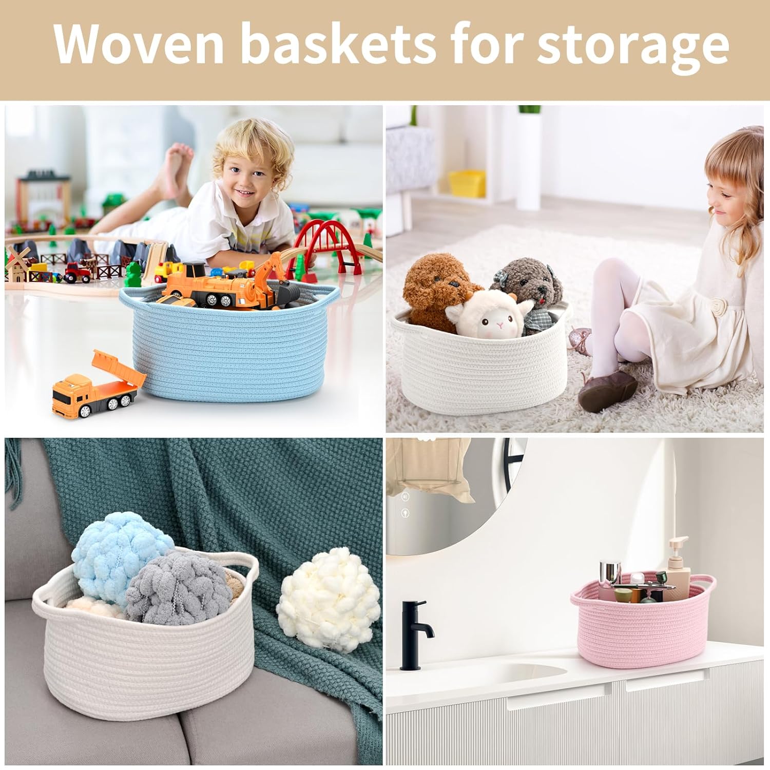 Cute Woven Easter Basket with Handle, Baskets for Gifts Empty, Present Containers for Raffle Baby Shower Burr Basket, Decorative Organizer Box for Storage Baby Toy, 13