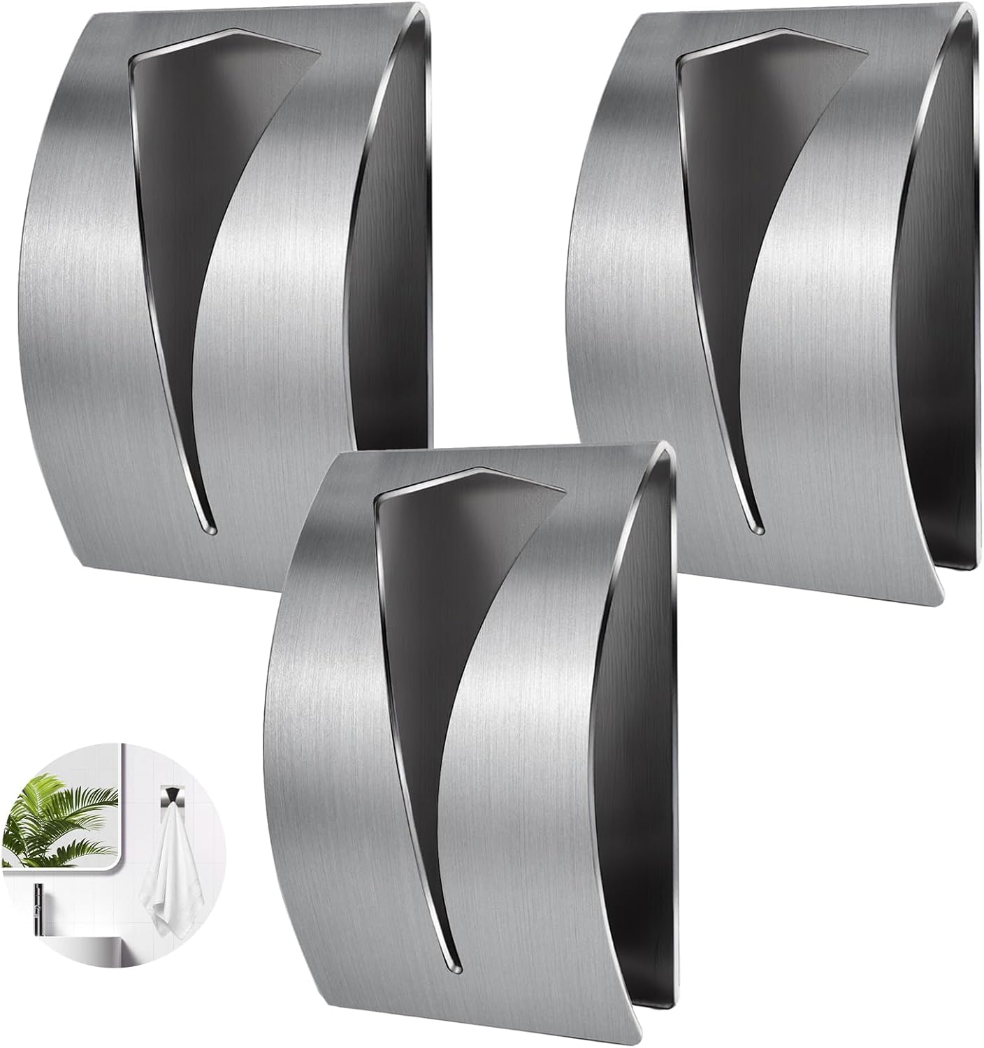 3 Pack Stainless Steel Kitchen Towel Hooks for Shower Wall Bathroom Self Adhesive Dish Towel Holder Hangers for Tea Cabinet Door Rag Grabber (Silver) - Image 1