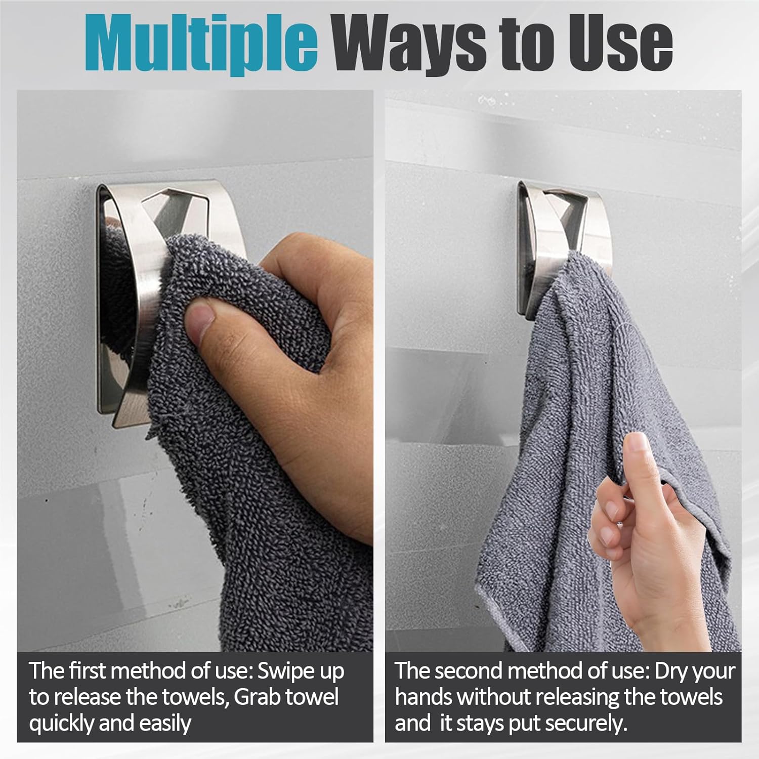 3 Pack Stainless Steel Kitchen Towel Hooks for Shower Wall Bathroom Self Adhesive Dish Towel Holder Hangers for Tea Cabinet Door Rag Grabber (Silver) - Image 4