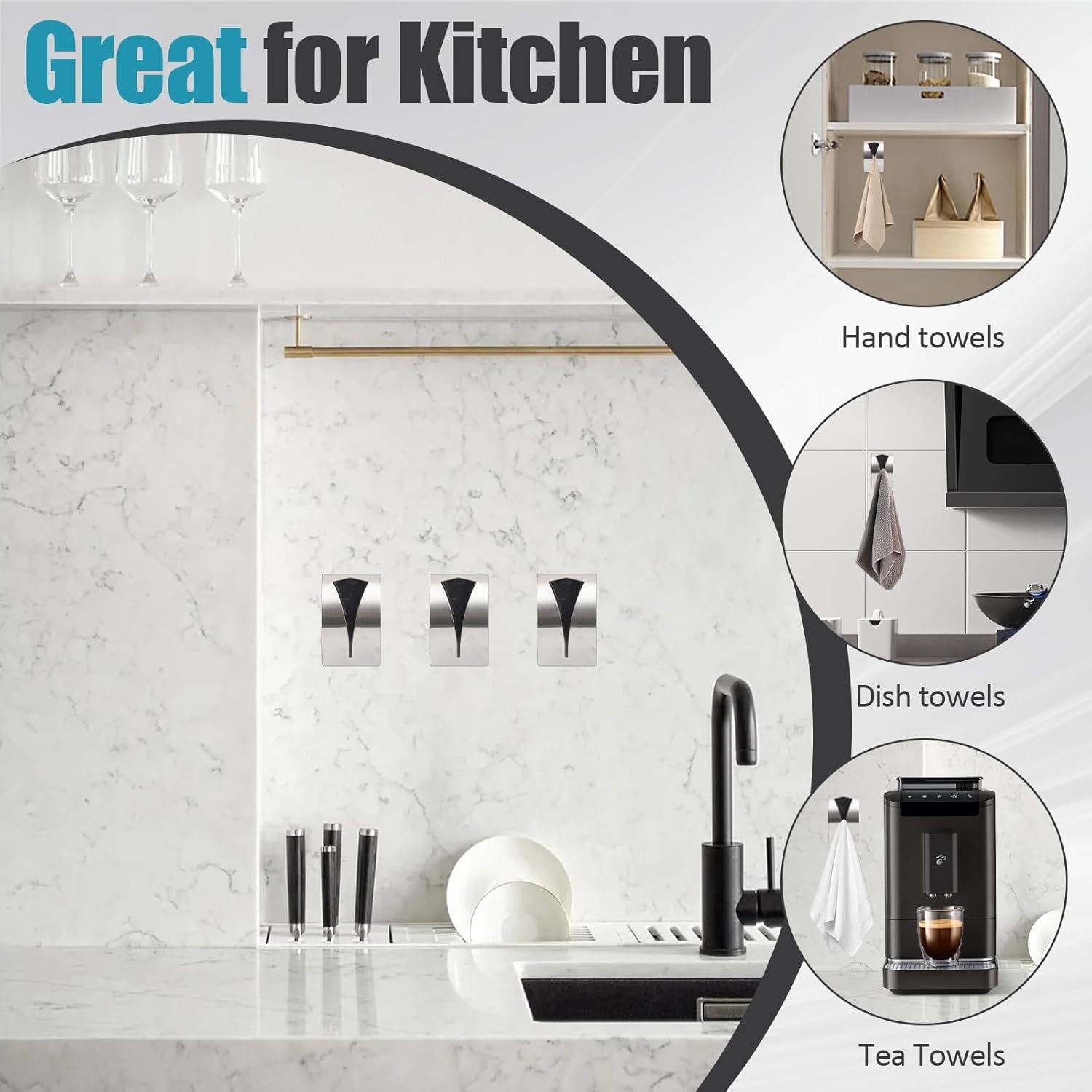 3 Pack Stainless Steel Kitchen Towel Hooks for Shower Wall Bathroom Self Adhesive Dish Towel Holder Hangers for Tea Cabinet Door Rag Grabber (Silver) - Image 5