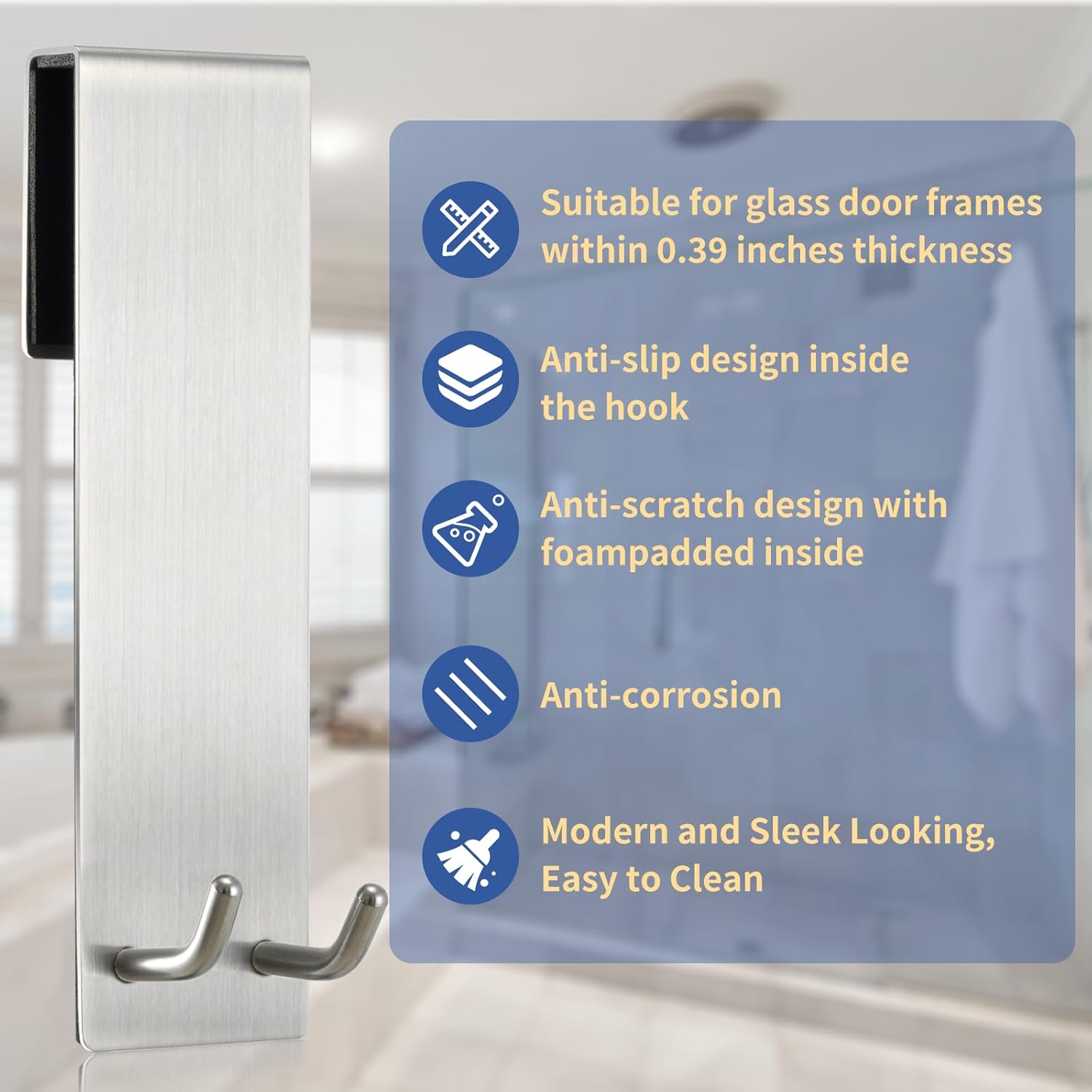Shower Door Towel Hook Extended Length, No Drilling & Adhesive Needed Stainless Steel Bathroom Hangers for Frameless Shower Stall Wall - Image 4