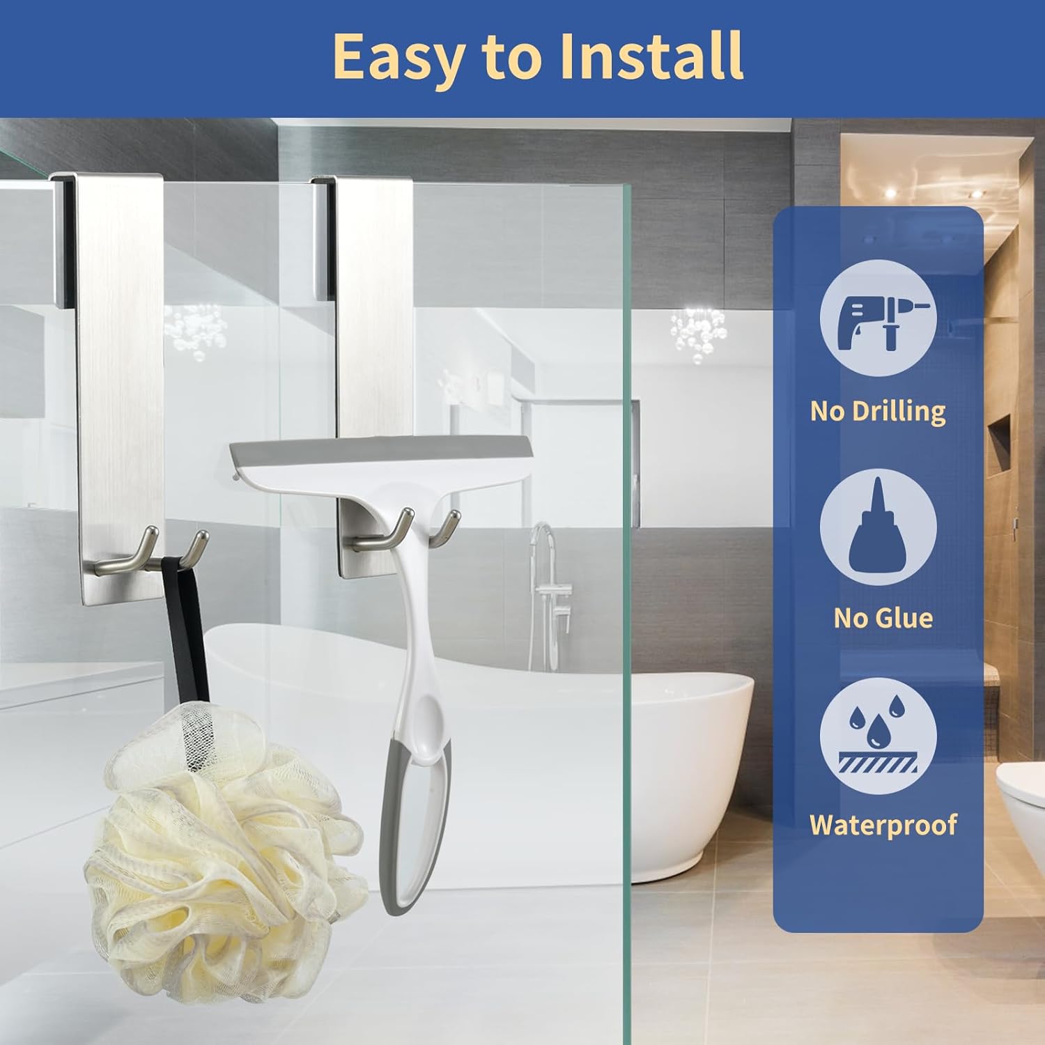Shower Door Towel Hook Extended Length, No Drilling & Adhesive Needed Stainless Steel Bathroom Hangers for Frameless Shower Stall Wall - Image 5