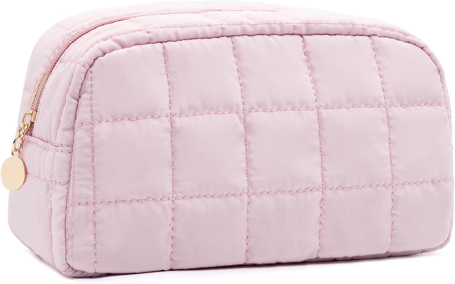Makeup Bag, Quilted Puffy Travel Toiletry Bag with Compartments, Wide-Open Cosmetic Bag for Women, Pouch Purse Organizer, Pink - Image 1